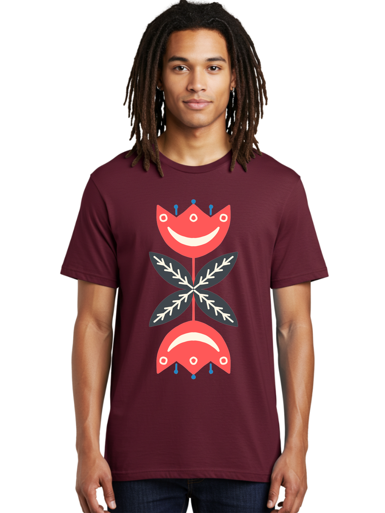 Flower-Face Men'S Graphic Tee, 100% Cotton, Comfortable Casual Summer Wear, Machine Washable, Red Smiley Faces, Playful Flowers, Cartoon Characters, Happy Emotions, Floral Designs, Whimsical Art, Cute Illustrations Aab729