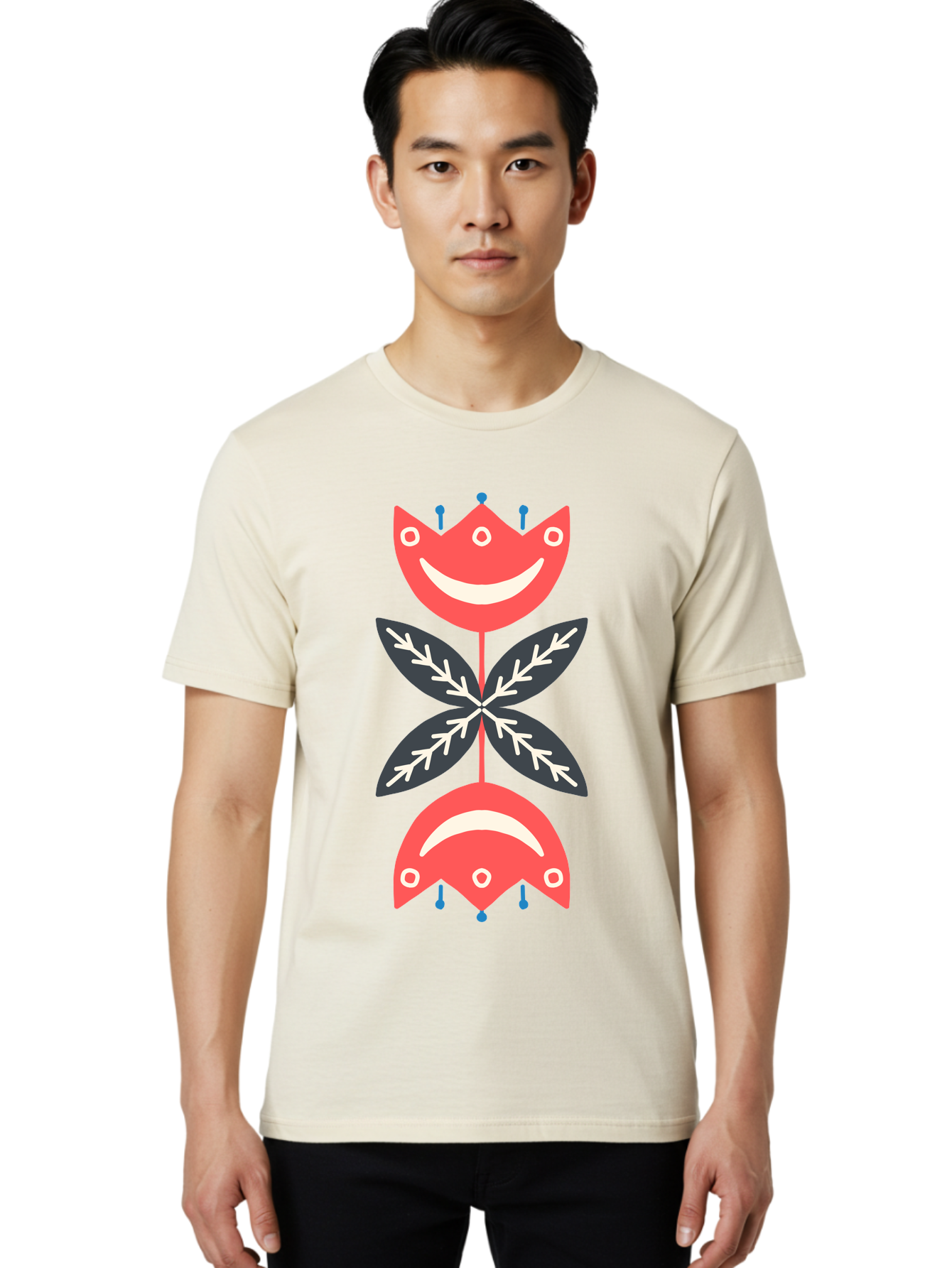 Flower-Face Men'S Graphic Tee, 100% Cotton, Comfortable Casual Summer Wear, Machine Washable, Red Smiley Faces, Playful Flowers, Cartoon Characters, Happy Emotions, Floral Designs, Whimsical Art, Cute Illustrations Aab729