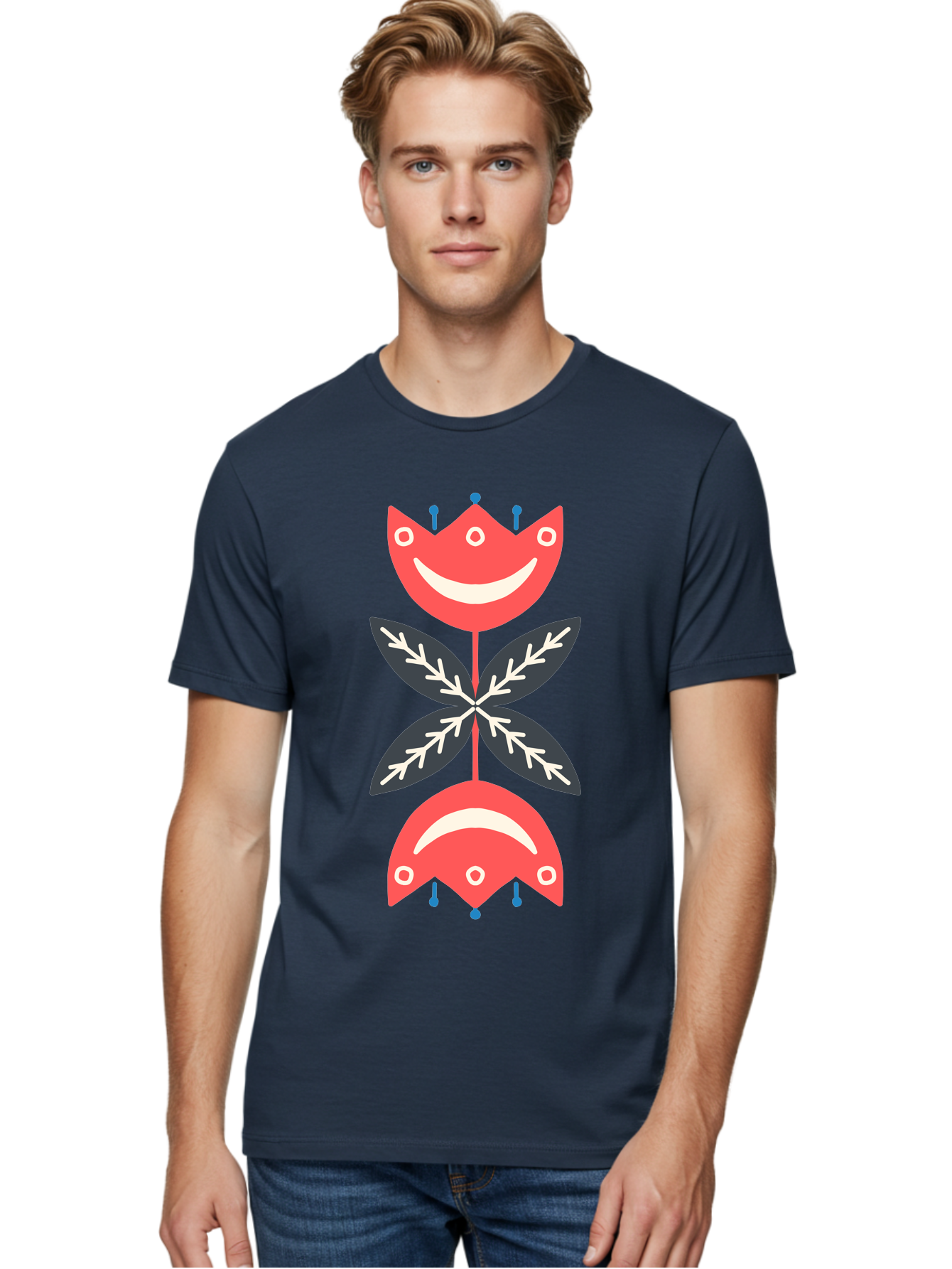 Flower-Face Men'S Graphic Tee, 100% Cotton, Comfortable Casual Summer Wear, Machine Washable, Red Smiley Faces, Playful Flowers, Cartoon Characters, Happy Emotions, Floral Designs, Whimsical Art, Cute Illustrations Aab729