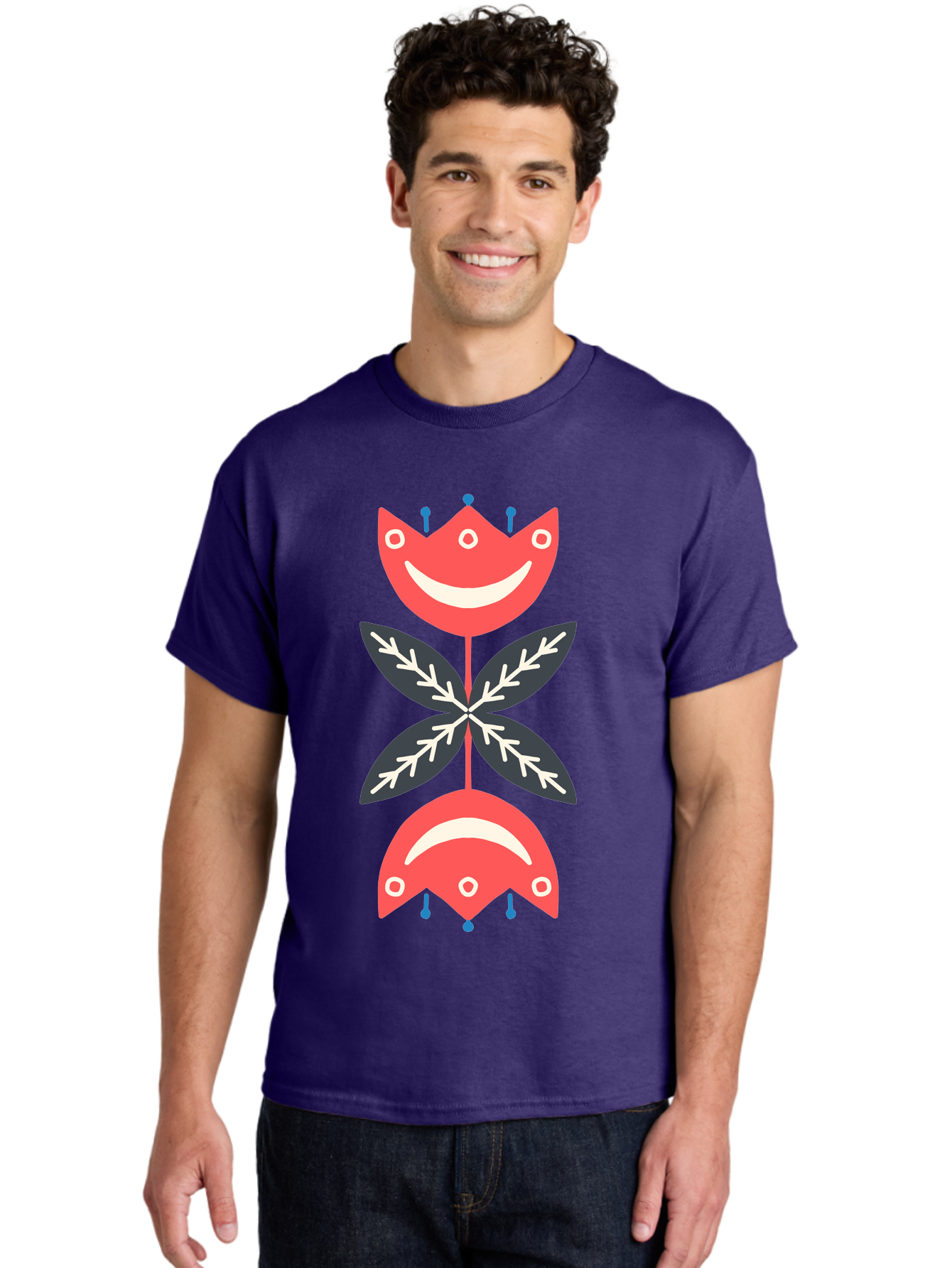 Flower-Face Men'S Graphic Tee, 100% Cotton, Comfortable Casual Summer Wear, Machine Washable, Red Smiley Faces, Playful Flowers, Cartoon Characters, Happy Emotions, Floral Designs, Whimsical Art, Cute Illustrations Aab729