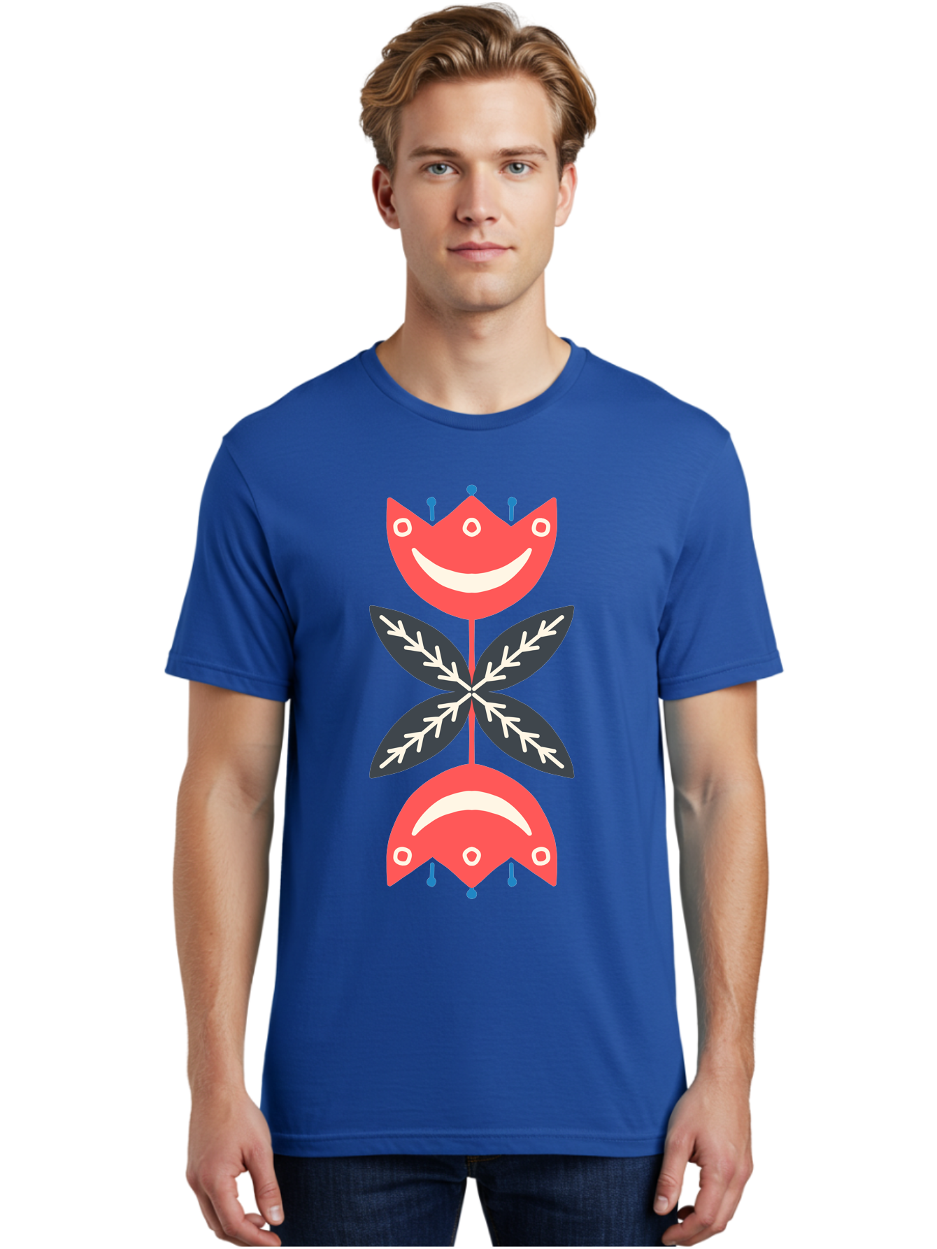 Flower-Face Men'S Graphic Tee, 100% Cotton, Comfortable Casual Summer Wear, Machine Washable, Red Smiley Faces, Playful Flowers, Cartoon Characters, Happy Emotions, Floral Designs, Whimsical Art, Cute Illustrations Aab729