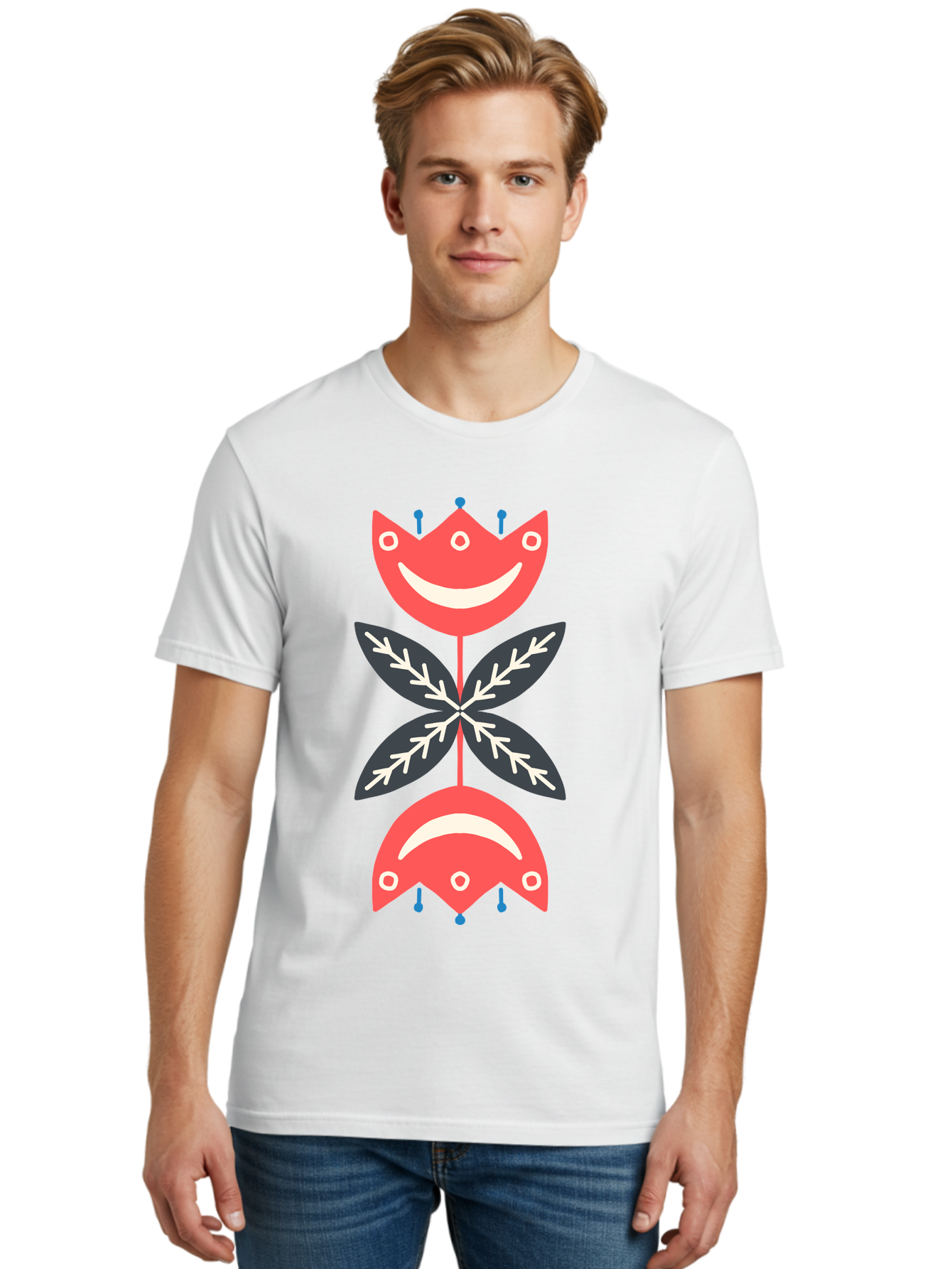 Flower-Face Men'S Graphic Tee, 100% Cotton, Comfortable Casual Summer Wear, Machine Washable, Red Smiley Faces, Playful Flowers, Cartoon Characters, Happy Emotions, Floral Designs, Whimsical Art, Cute Illustrations Aab729
