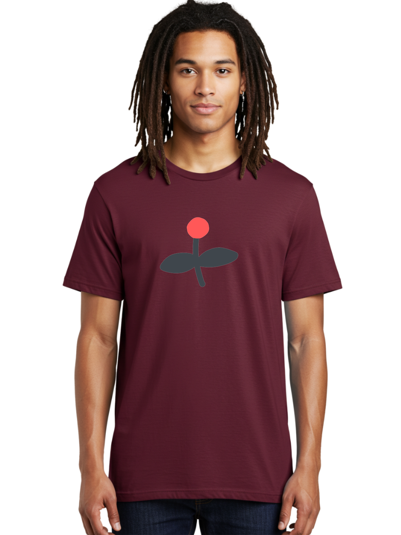 Flower-Graphic Men'S Graphic Tee, 100% Cotton, Comfortable Casual Summer Wear, Machine Washable, Simple Flower, Red Blossom, Black Leaves, Minimalist Design, Abstract Art, Floral Illustration, Modern Graphic Aab730
