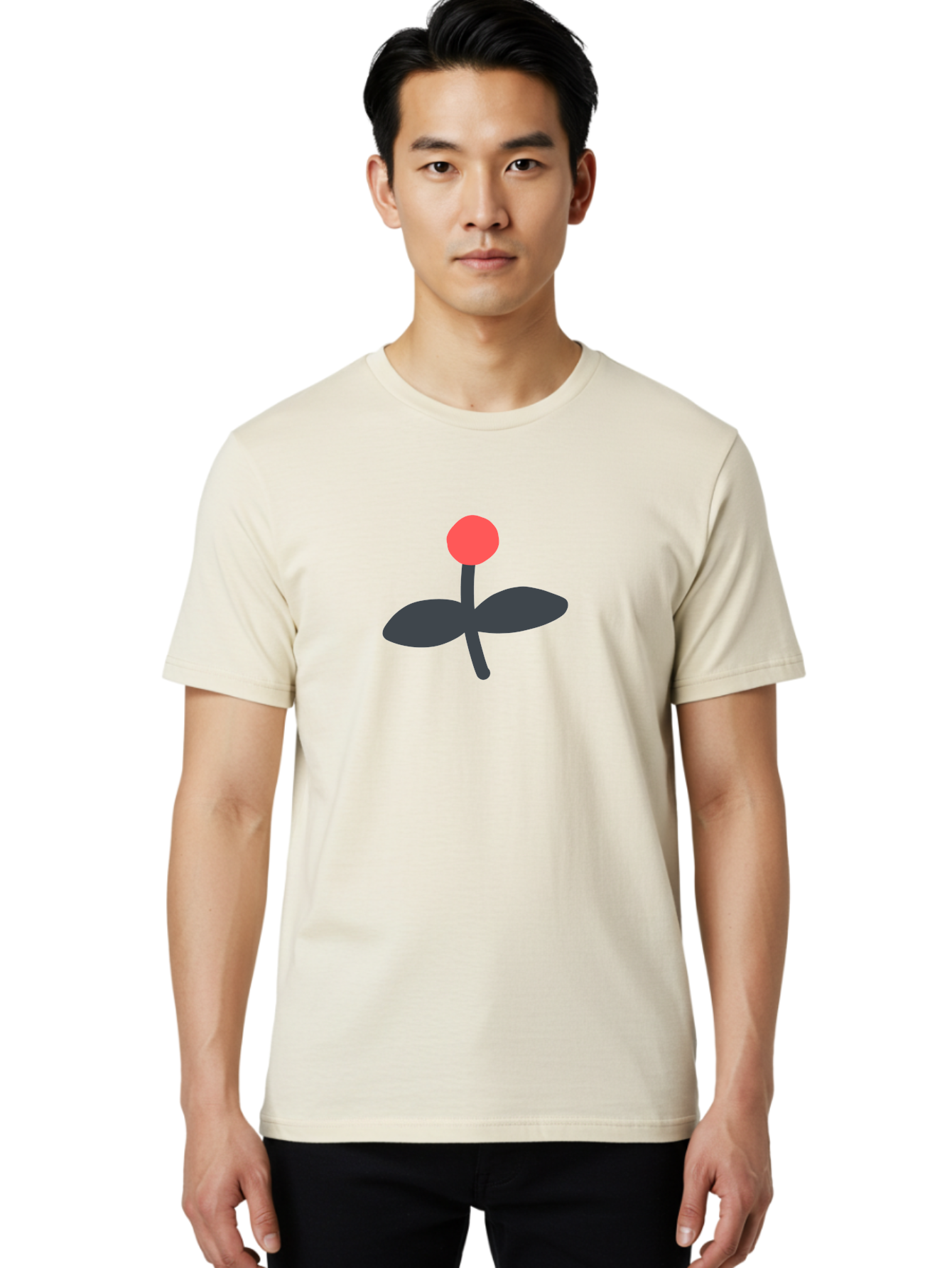 Flower-Graphic Men'S Graphic Tee, 100% Cotton, Comfortable Casual Summer Wear, Machine Washable, Simple Flower, Red Blossom, Black Leaves, Minimalist Design, Abstract Art, Floral Illustration, Modern Graphic Aab730