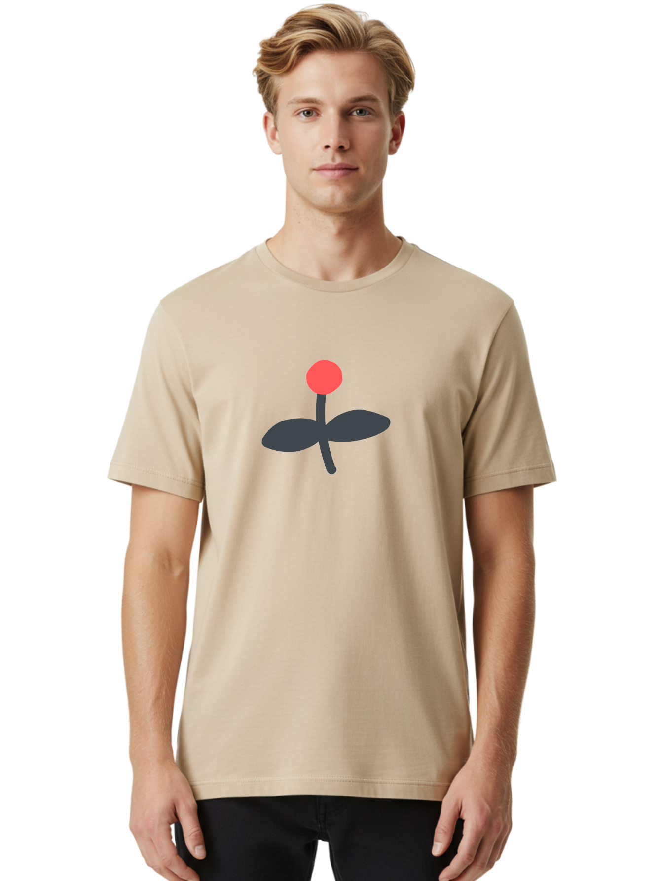Flower-Graphic Men'S Graphic Tee, 100% Cotton, Comfortable Casual Summer Wear, Machine Washable, Simple Flower, Red Blossom, Black Leaves, Minimalist Design, Abstract Art, Floral Illustration, Modern Graphic Aab730