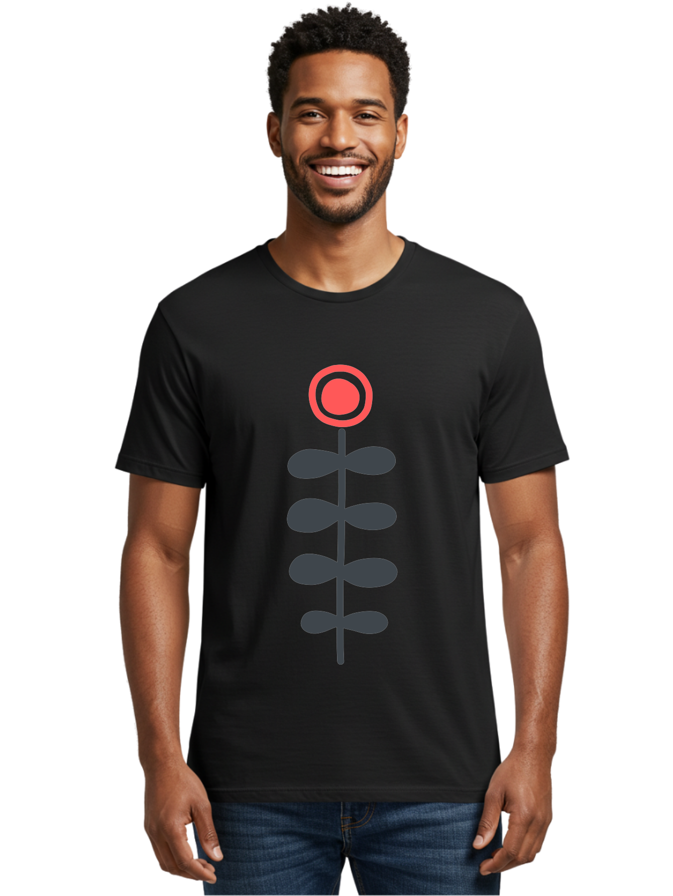 Flower-Icon-1 Men'S Graphic Tee, 100% Cotton, Comfortable Casual Summer Wear, Machine Washable, Simple Flower Graphic, Floral Design, Minimalist Art, Stem With Leaves, Red Flower Head, Graphic Illustration, Modern Botanical Aab731