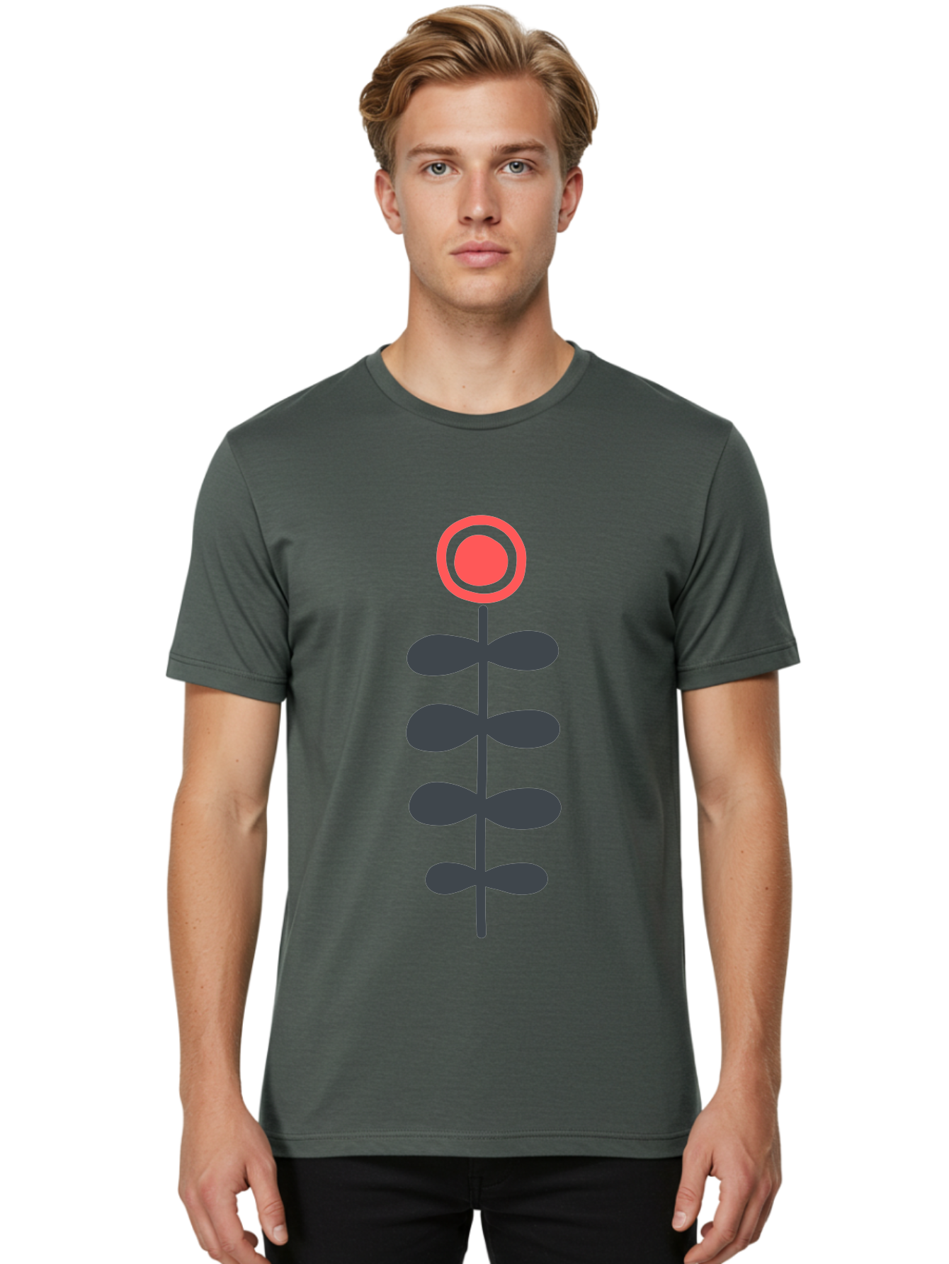 Flower-Icon-1 Men'S Graphic Tee, 100% Cotton, Comfortable Casual Summer Wear, Machine Washable, Simple Flower Graphic, Floral Design, Minimalist Art, Stem With Leaves, Red Flower Head, Graphic Illustration, Modern Botanical Aab731