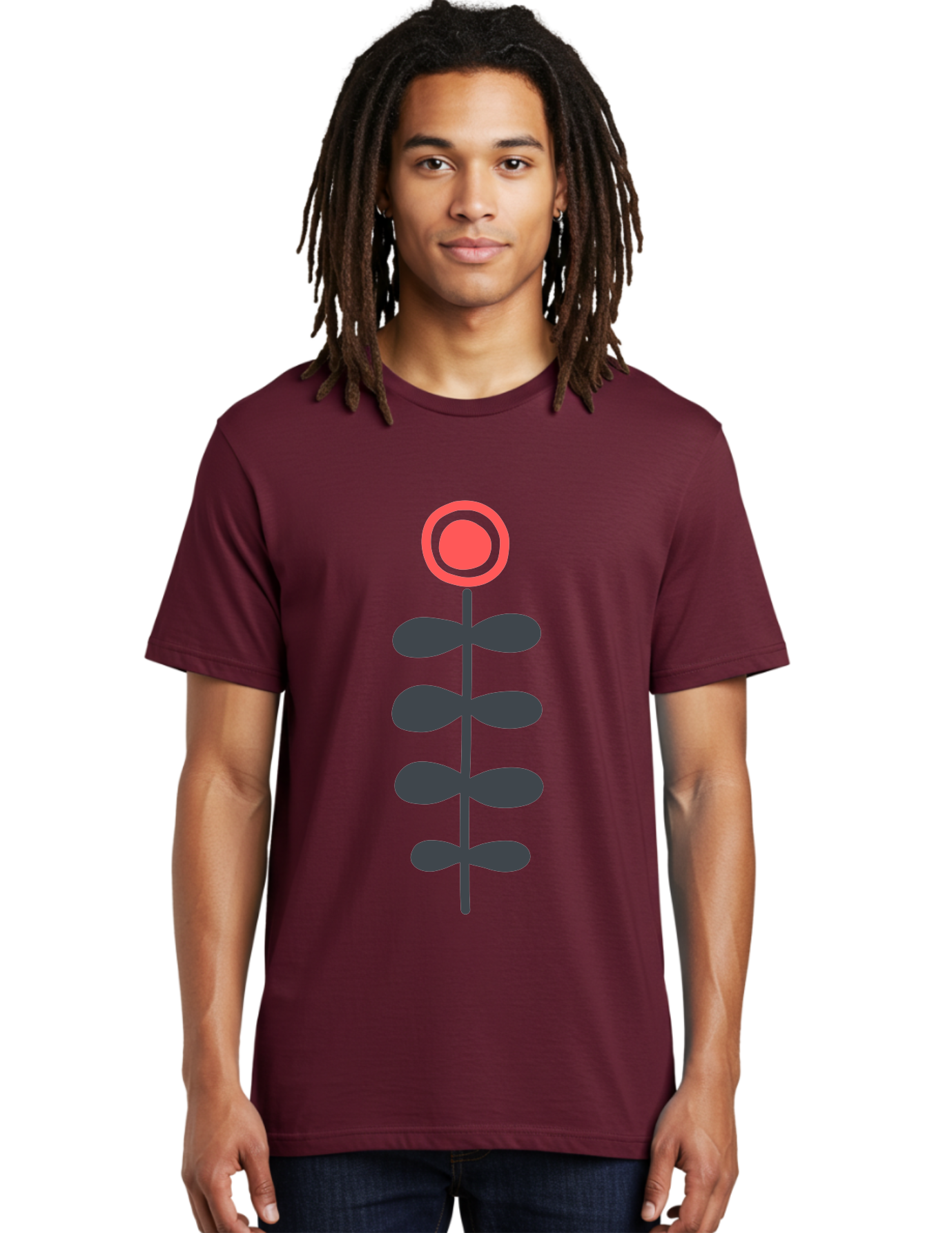 Flower-Icon-1 Men'S Graphic Tee, 100% Cotton, Comfortable Casual Summer Wear, Machine Washable, Simple Flower Graphic, Floral Design, Minimalist Art, Stem With Leaves, Red Flower Head, Graphic Illustration, Modern Botanical Aab731