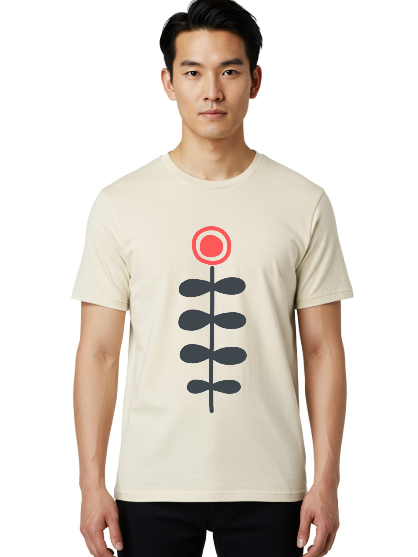 Flower-Icon-1 Men'S Graphic Tee, 100% Cotton, Comfortable Casual Summer Wear, Machine Washable, Simple Flower Graphic, Floral Design, Minimalist Art, Stem With Leaves, Red Flower Head, Graphic Illustration, Modern Botanical Aab731