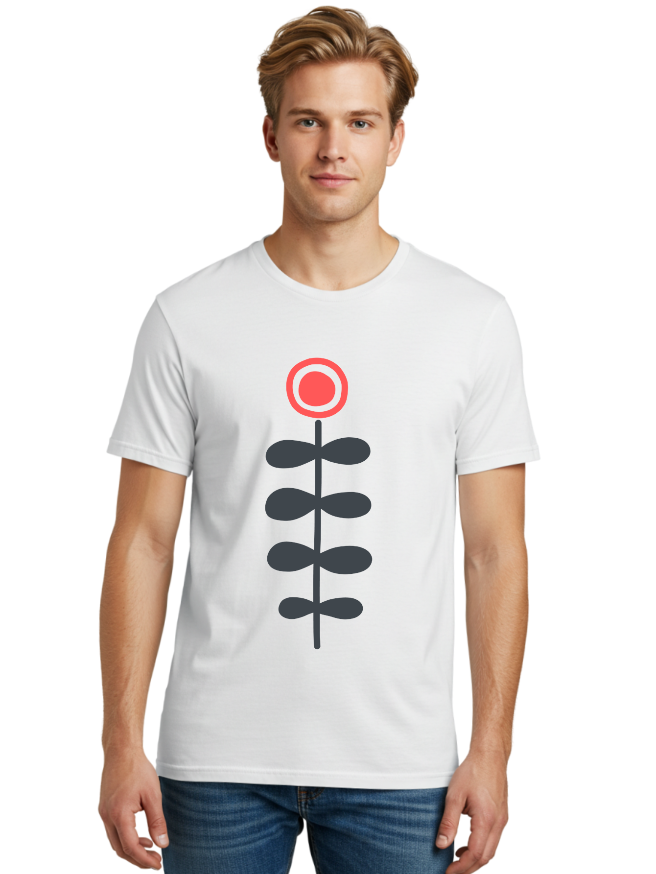 Flower-Icon-1 Men'S Graphic Tee, 100% Cotton, Comfortable Casual Summer Wear, Machine Washable, Simple Flower Graphic, Floral Design, Minimalist Art, Stem With Leaves, Red Flower Head, Graphic Illustration, Modern Botanical Aab731