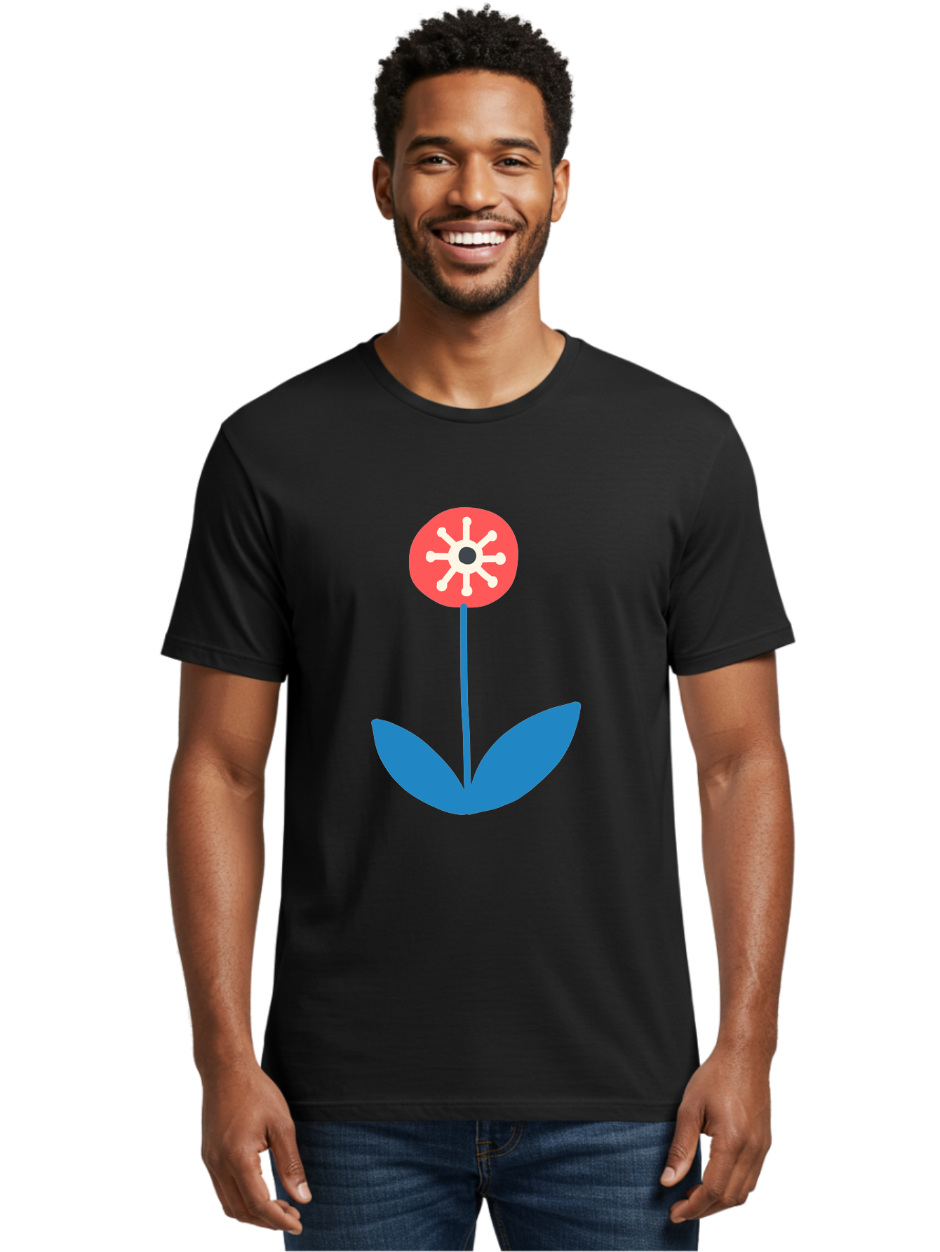 Flower-Icon Men'S Graphic Tee, 100% Cotton, Comfortable Casual Summer Wear, Machine Washable, Simple Flower, Minimalist Design, Red And White Petals, Blue Leaves, Floral Illustration, Modern Art, Digital Graphics, Stylized Bloom Aab732