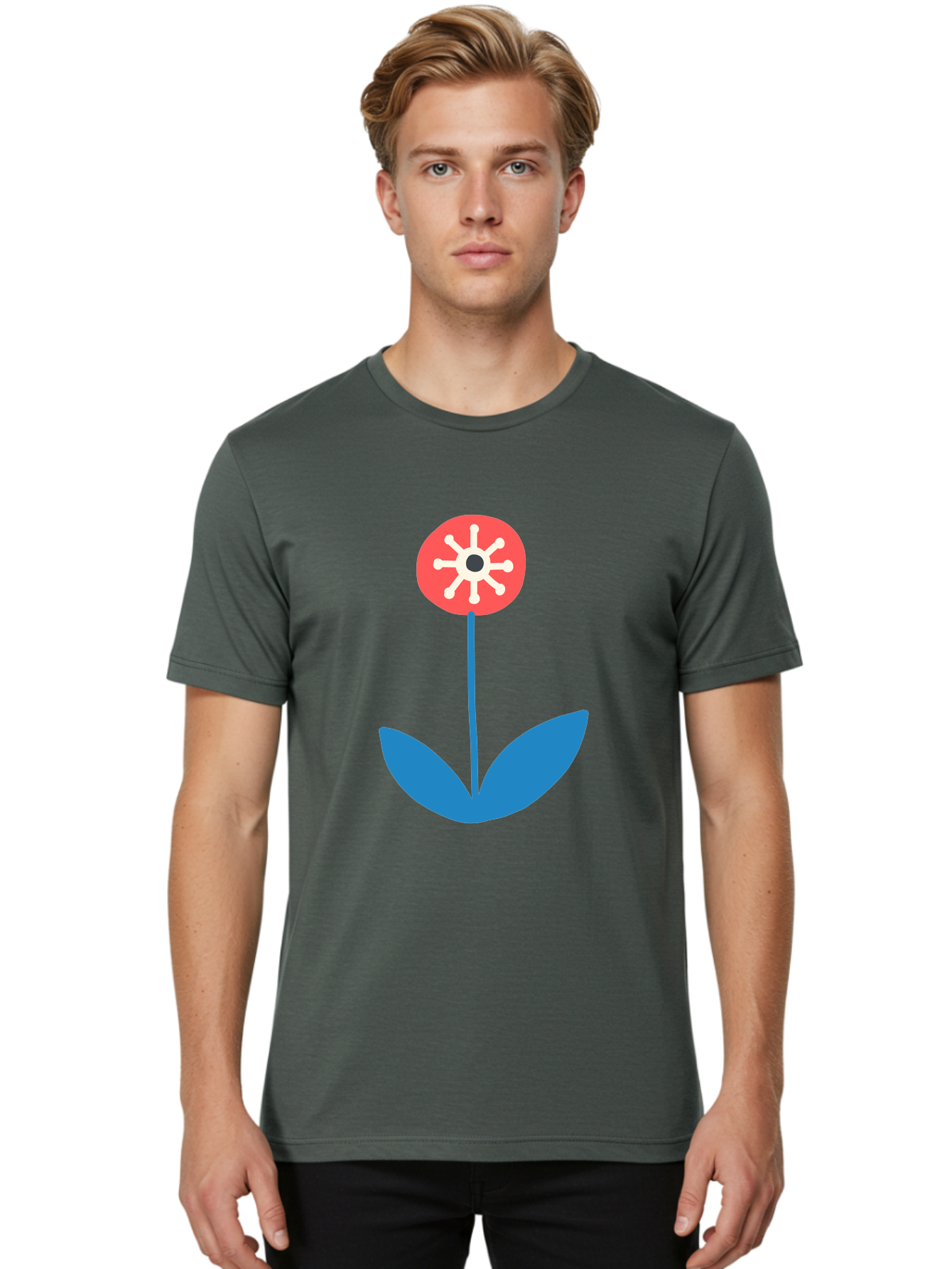Flower-Icon Men'S Graphic Tee, 100% Cotton, Comfortable Casual Summer Wear, Machine Washable, Simple Flower, Minimalist Design, Red And White Petals, Blue Leaves, Floral Illustration, Modern Art, Digital Graphics, Stylized Bloom Aab732