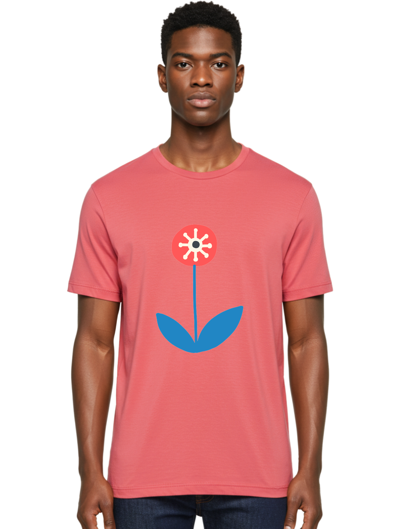 Flower-Icon Men'S Graphic Tee, 100% Cotton, Comfortable Casual Summer Wear, Machine Washable, Simple Flower, Minimalist Design, Red And White Petals, Blue Leaves, Floral Illustration, Modern Art, Digital Graphics, Stylized Bloom Aab732