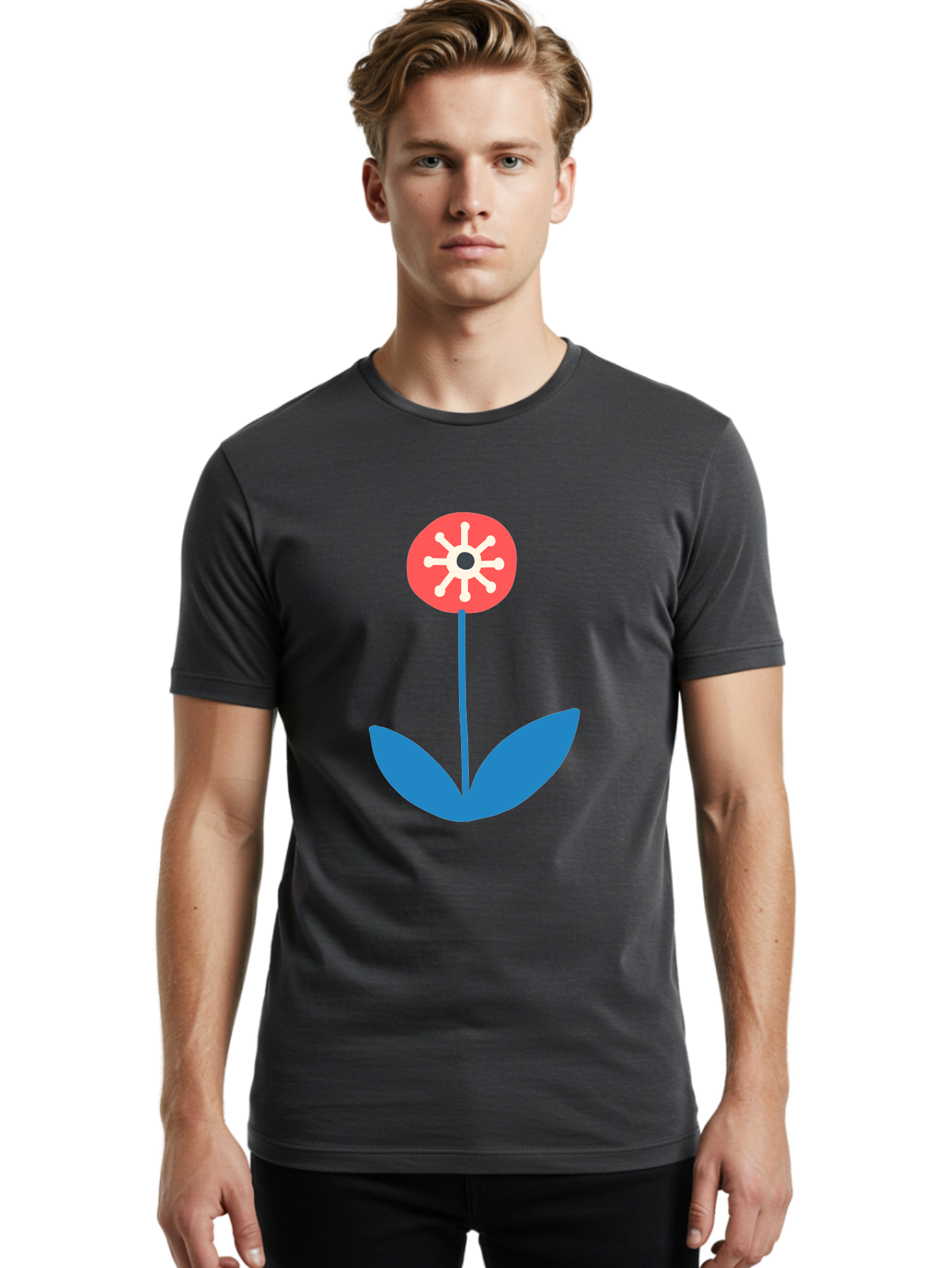 Flower-Icon Men'S Graphic Tee, 100% Cotton, Comfortable Casual Summer Wear, Machine Washable, Simple Flower, Minimalist Design, Red And White Petals, Blue Leaves, Floral Illustration, Modern Art, Digital Graphics, Stylized Bloom Aab732