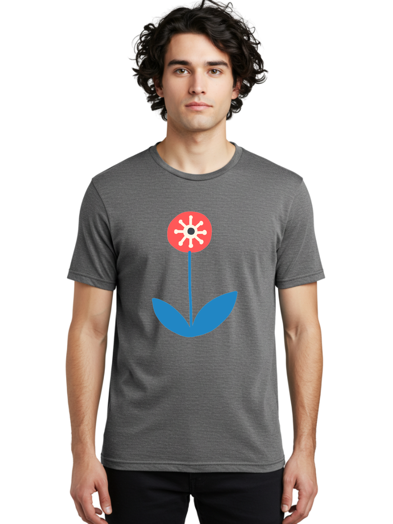 Flower-Icon Men'S Graphic Tee, 100% Cotton, Comfortable Casual Summer Wear, Machine Washable, Simple Flower, Minimalist Design, Red And White Petals, Blue Leaves, Floral Illustration, Modern Art, Digital Graphics, Stylized Bloom Aab732
