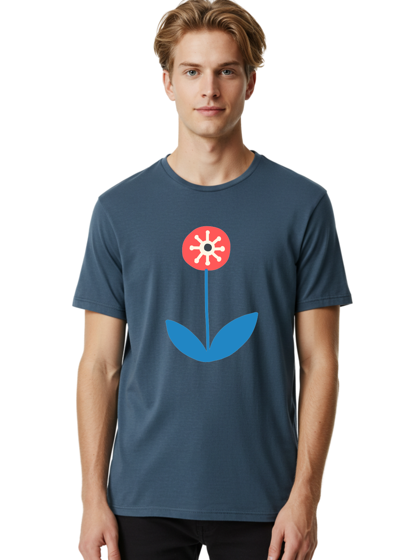 Flower-Icon Men'S Graphic Tee, 100% Cotton, Comfortable Casual Summer Wear, Machine Washable, Simple Flower, Minimalist Design, Red And White Petals, Blue Leaves, Floral Illustration, Modern Art, Digital Graphics, Stylized Bloom Aab732