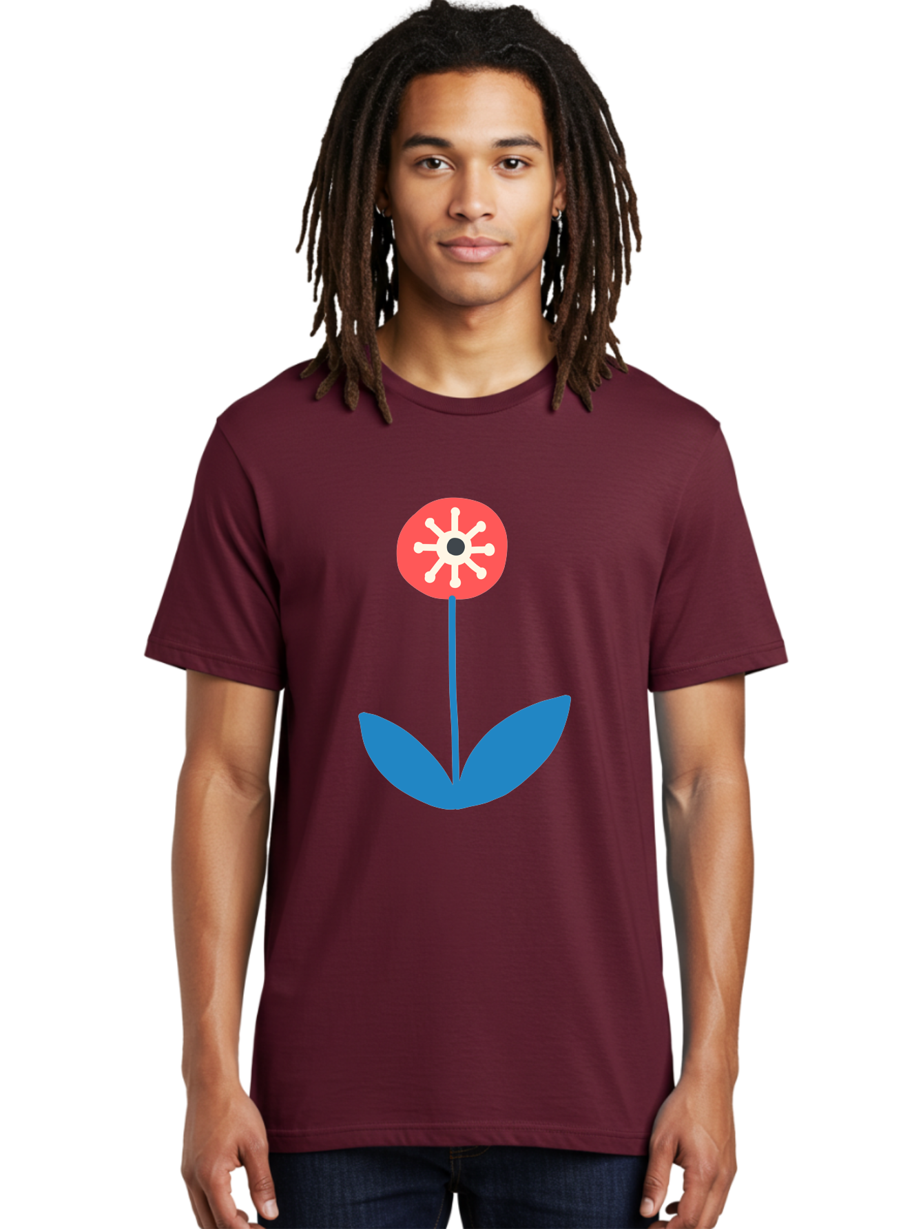 Flower-Icon Men'S Graphic Tee, 100% Cotton, Comfortable Casual Summer Wear, Machine Washable, Simple Flower, Minimalist Design, Red And White Petals, Blue Leaves, Floral Illustration, Modern Art, Digital Graphics, Stylized Bloom Aab732
