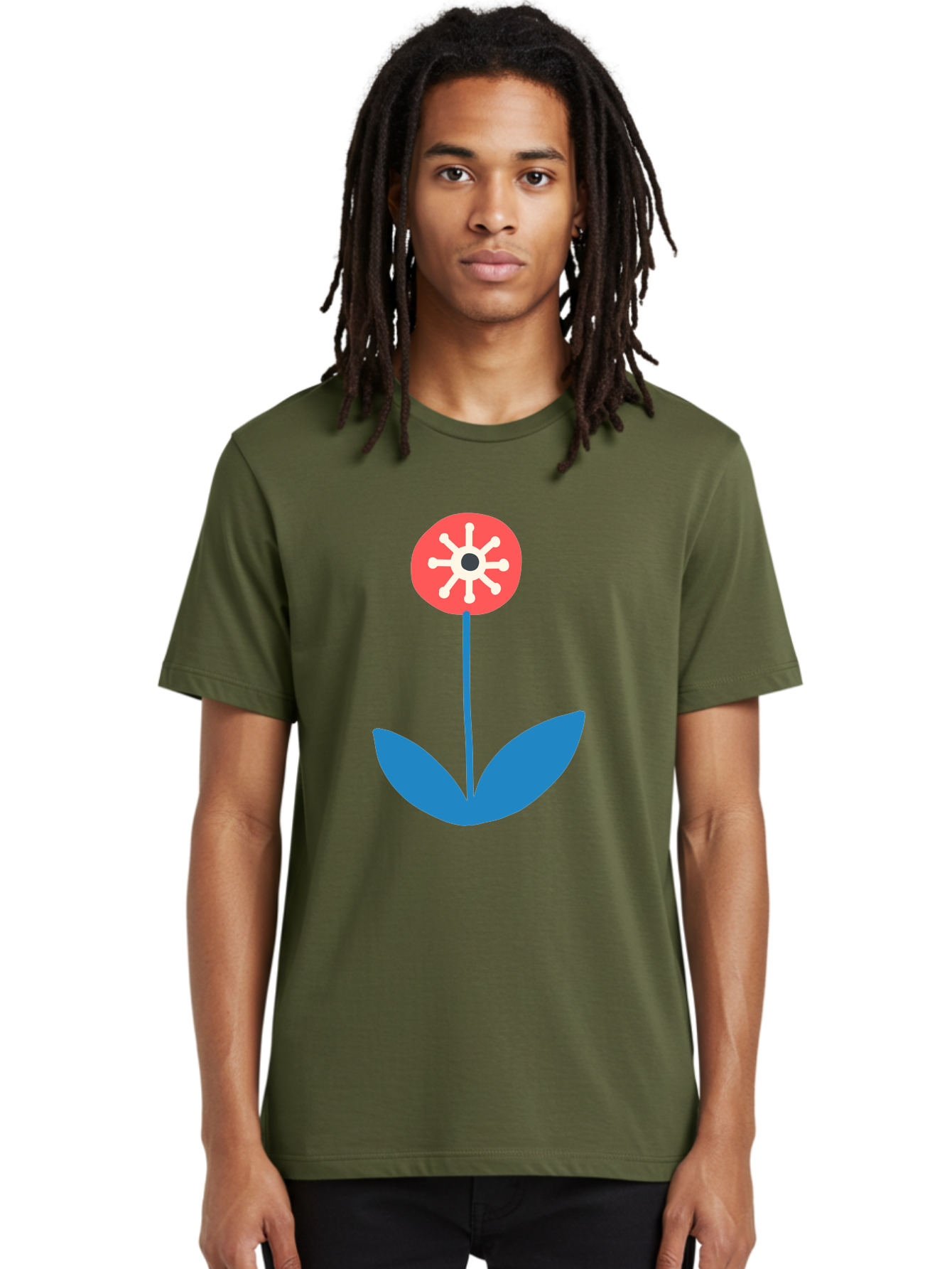Flower-Icon Men'S Graphic Tee, 100% Cotton, Comfortable Casual Summer Wear, Machine Washable, Simple Flower, Minimalist Design, Red And White Petals, Blue Leaves, Floral Illustration, Modern Art, Digital Graphics, Stylized Bloom Aab732
