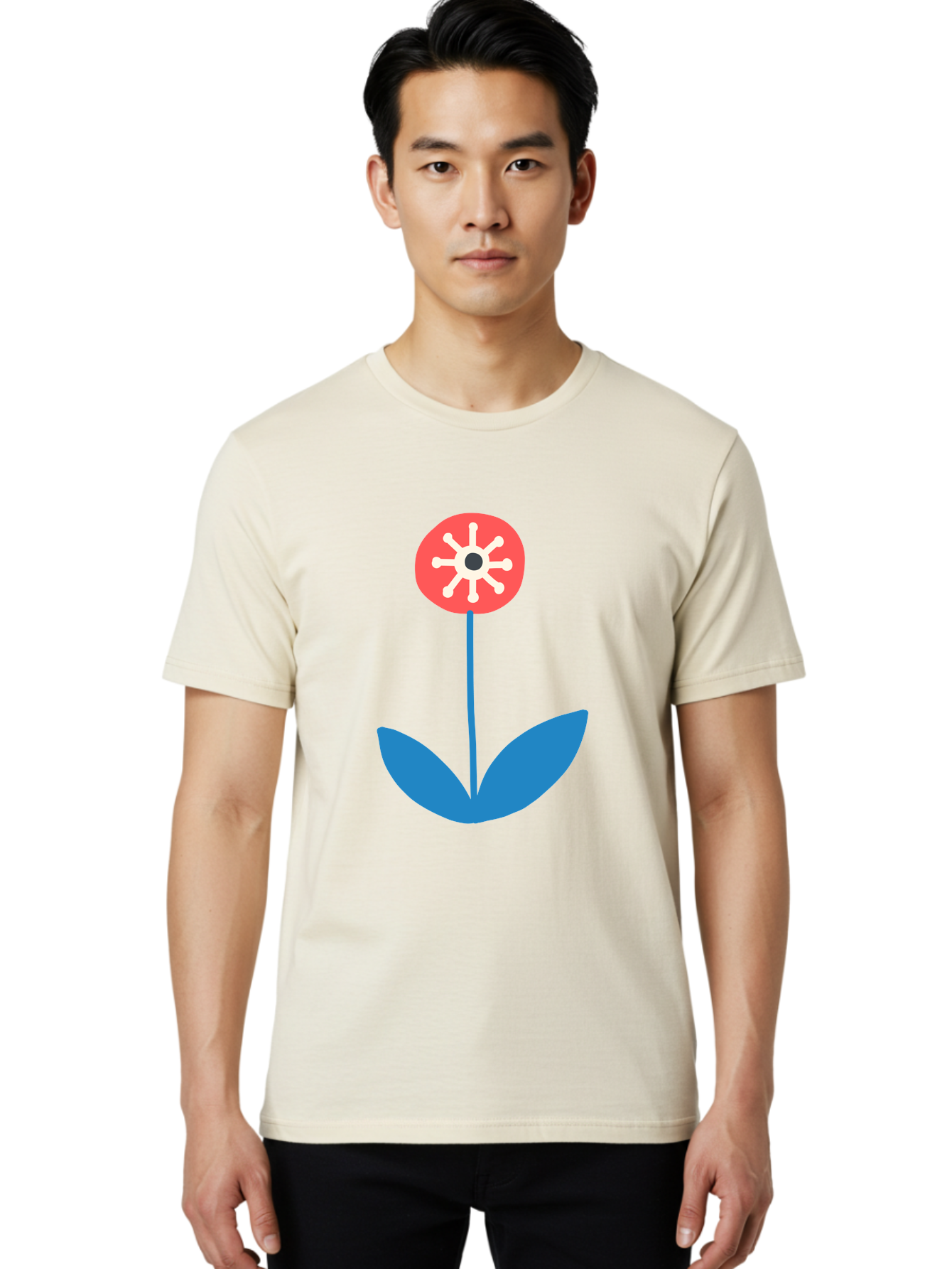 Flower-Icon Men'S Graphic Tee, 100% Cotton, Comfortable Casual Summer Wear, Machine Washable, Simple Flower, Minimalist Design, Red And White Petals, Blue Leaves, Floral Illustration, Modern Art, Digital Graphics, Stylized Bloom Aab732