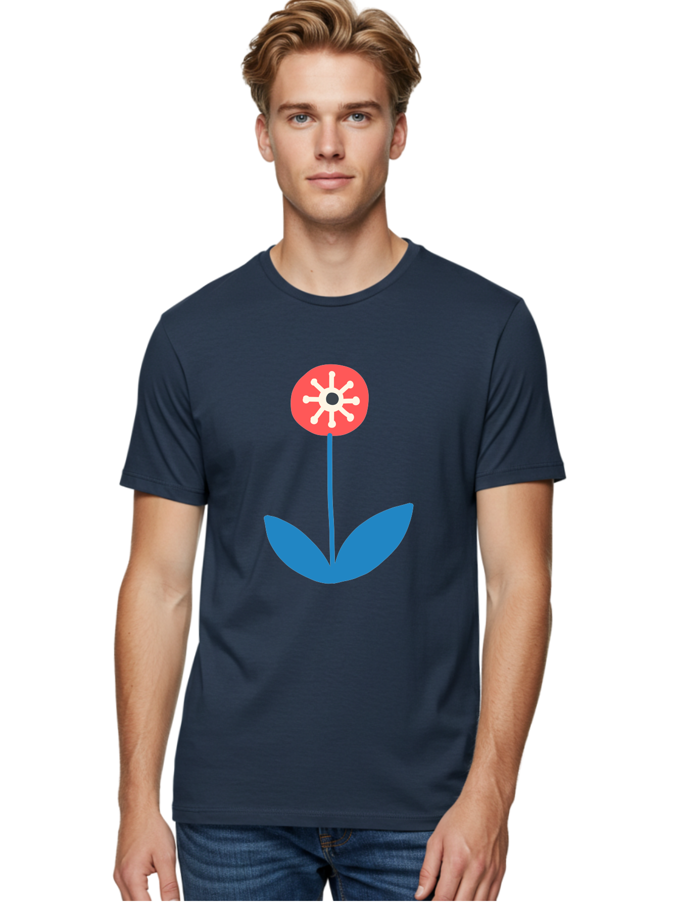 Flower-Icon Men'S Graphic Tee, 100% Cotton, Comfortable Casual Summer Wear, Machine Washable, Simple Flower, Minimalist Design, Red And White Petals, Blue Leaves, Floral Illustration, Modern Art, Digital Graphics, Stylized Bloom Aab732