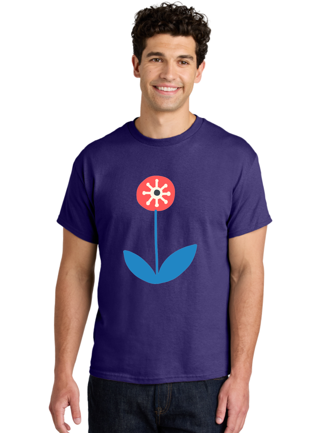 Flower-Icon Men'S Graphic Tee, 100% Cotton, Comfortable Casual Summer Wear, Machine Washable, Simple Flower, Minimalist Design, Red And White Petals, Blue Leaves, Floral Illustration, Modern Art, Digital Graphics, Stylized Bloom Aab732