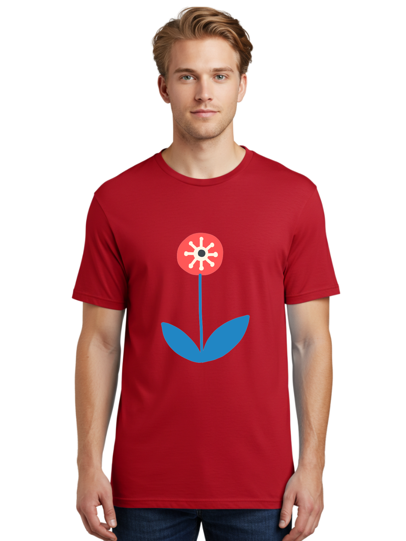 Flower-Icon Men'S Graphic Tee, 100% Cotton, Comfortable Casual Summer Wear, Machine Washable, Simple Flower, Minimalist Design, Red And White Petals, Blue Leaves, Floral Illustration, Modern Art, Digital Graphics, Stylized Bloom Aab732