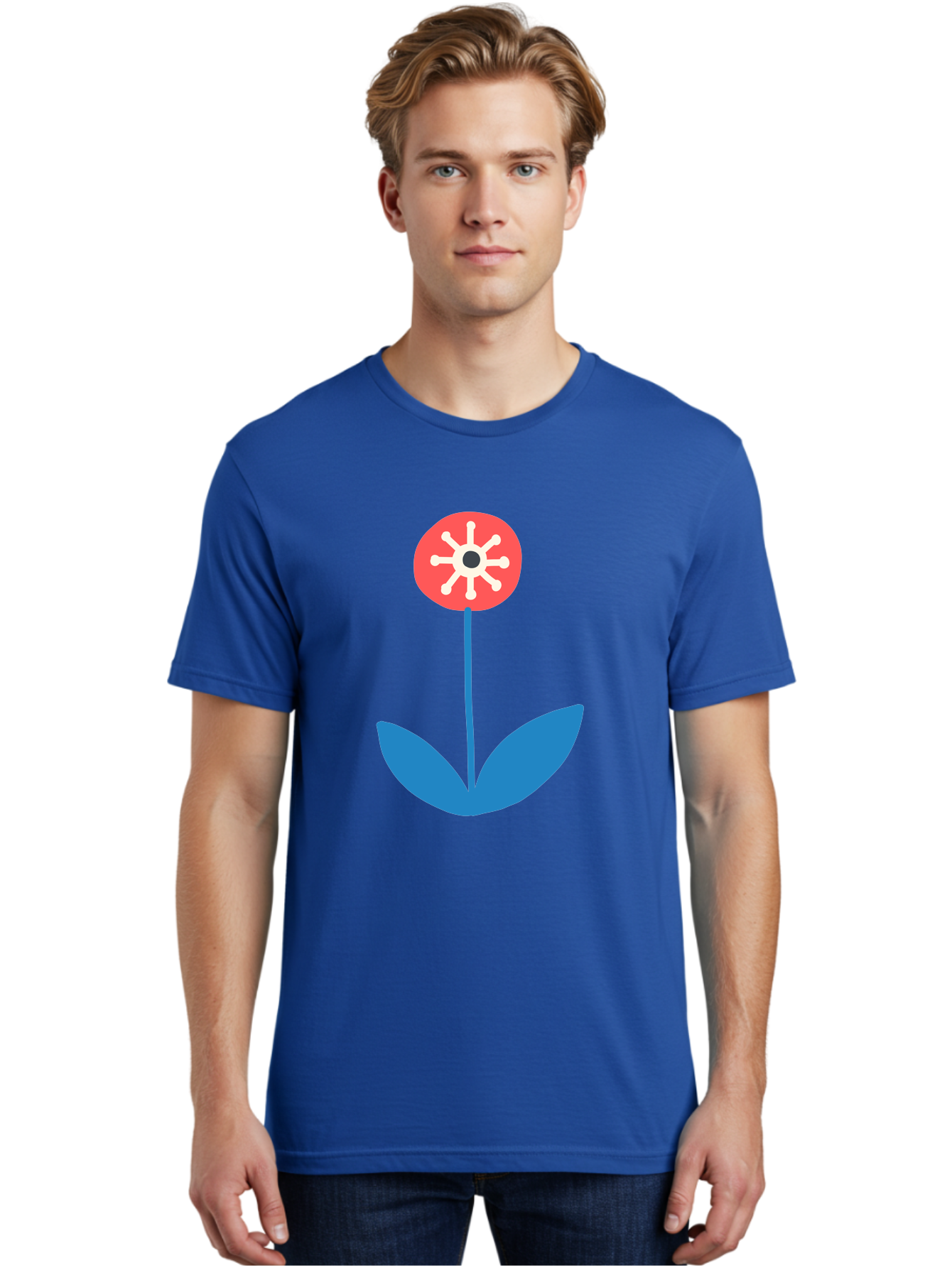Flower-Icon Men'S Graphic Tee, 100% Cotton, Comfortable Casual Summer Wear, Machine Washable, Simple Flower, Minimalist Design, Red And White Petals, Blue Leaves, Floral Illustration, Modern Art, Digital Graphics, Stylized Bloom Aab732