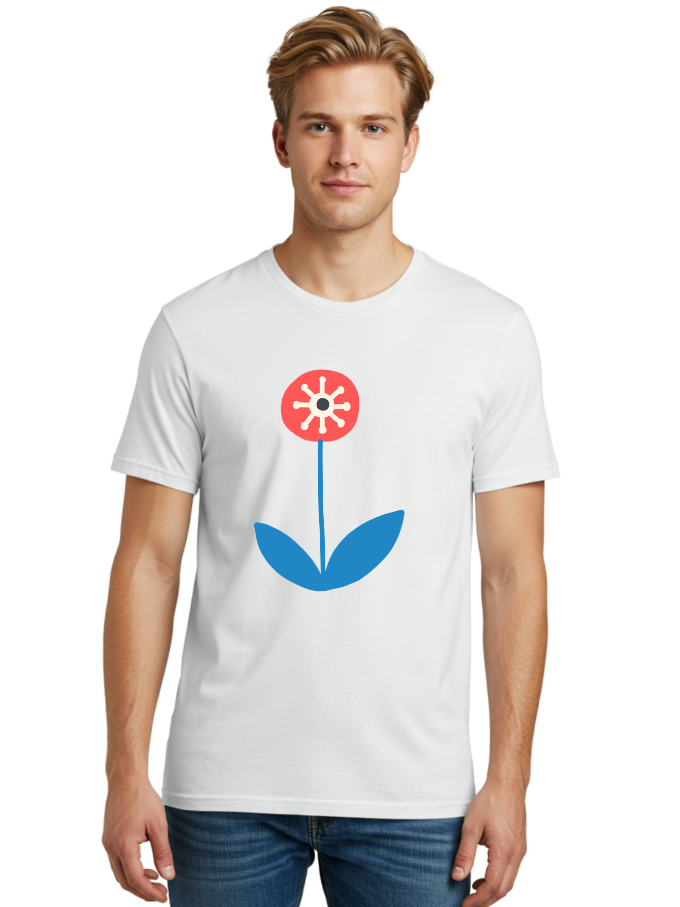 Flower-Icon Men'S Graphic Tee, 100% Cotton, Comfortable Casual Summer Wear, Machine Washable, Simple Flower, Minimalist Design, Red And White Petals, Blue Leaves, Floral Illustration, Modern Art, Digital Graphics, Stylized Bloom Aab732
