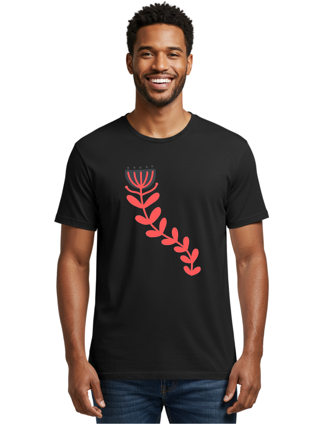 Flower-Illustration Men'S Graphic Tee, 100% Cotton, Comfortable Casual Summer Wear, Machine Washable, Stylized Tulip, Simple Design, Floral Pattern, Minimalist Art, Pink And Black, Leaves And Stem, Graphic Illustration, Modern Art Aab734