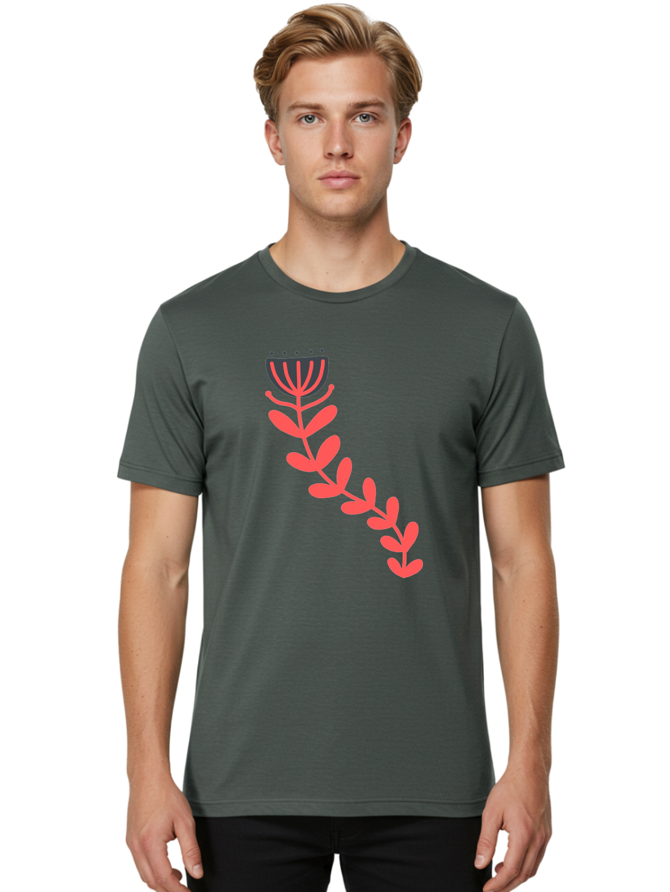 Flower-Illustration Men'S Graphic Tee, 100% Cotton, Comfortable Casual Summer Wear, Machine Washable, Stylized Tulip, Simple Design, Floral Pattern, Minimalist Art, Pink And Black, Leaves And Stem, Graphic Illustration, Modern Art Aab734