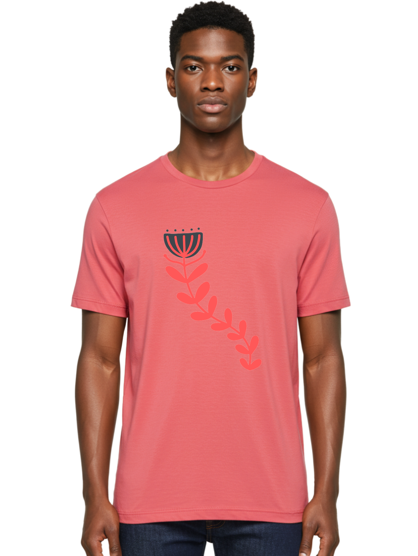Flower-Illustration Men'S Graphic Tee, 100% Cotton, Comfortable Casual Summer Wear, Machine Washable, Stylized Tulip, Simple Design, Floral Pattern, Minimalist Art, Pink And Black, Leaves And Stem, Graphic Illustration, Modern Art Aab734