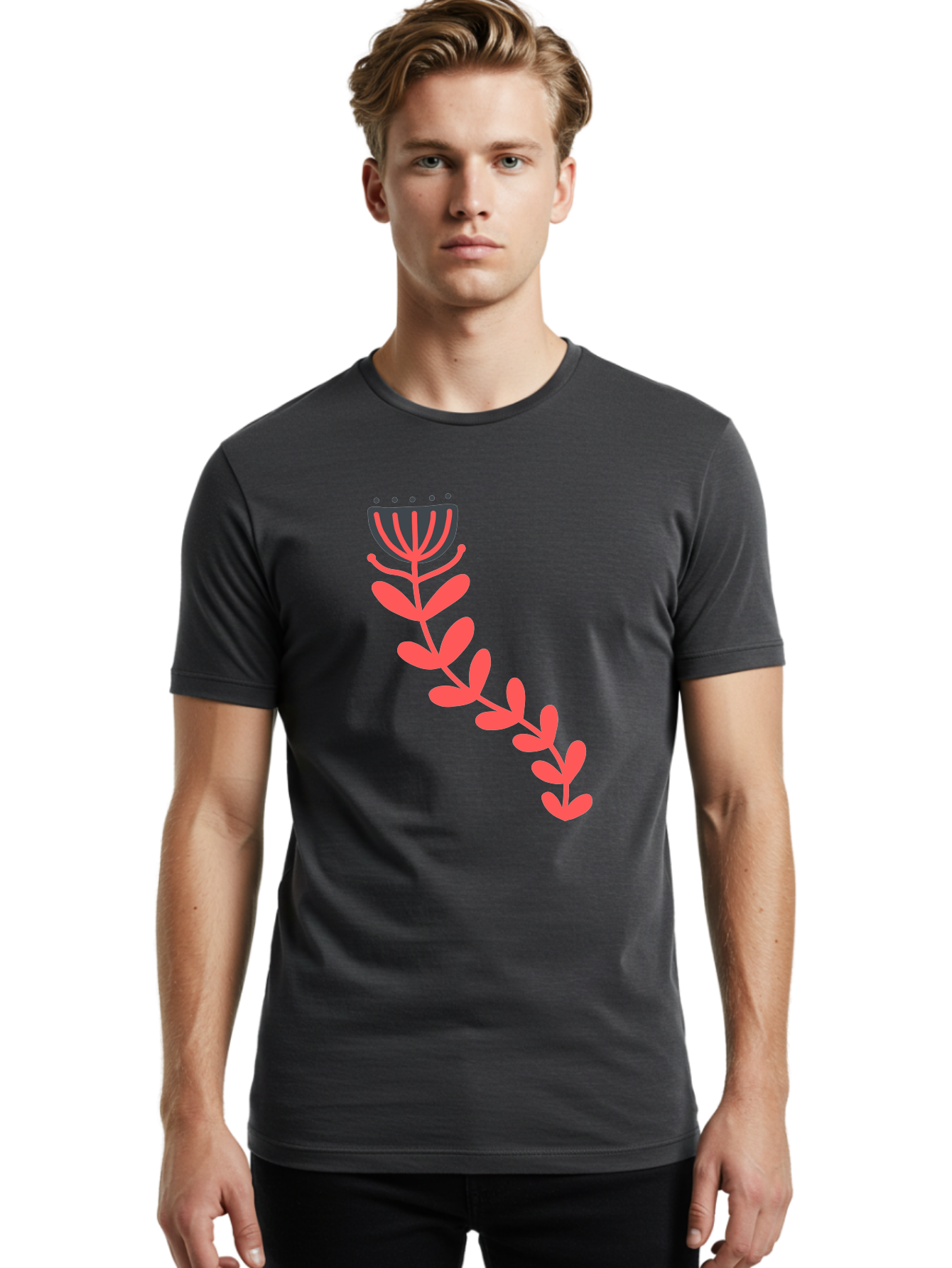 Flower-Illustration Men'S Graphic Tee, 100% Cotton, Comfortable Casual Summer Wear, Machine Washable, Stylized Tulip, Simple Design, Floral Pattern, Minimalist Art, Pink And Black, Leaves And Stem, Graphic Illustration, Modern Art Aab734