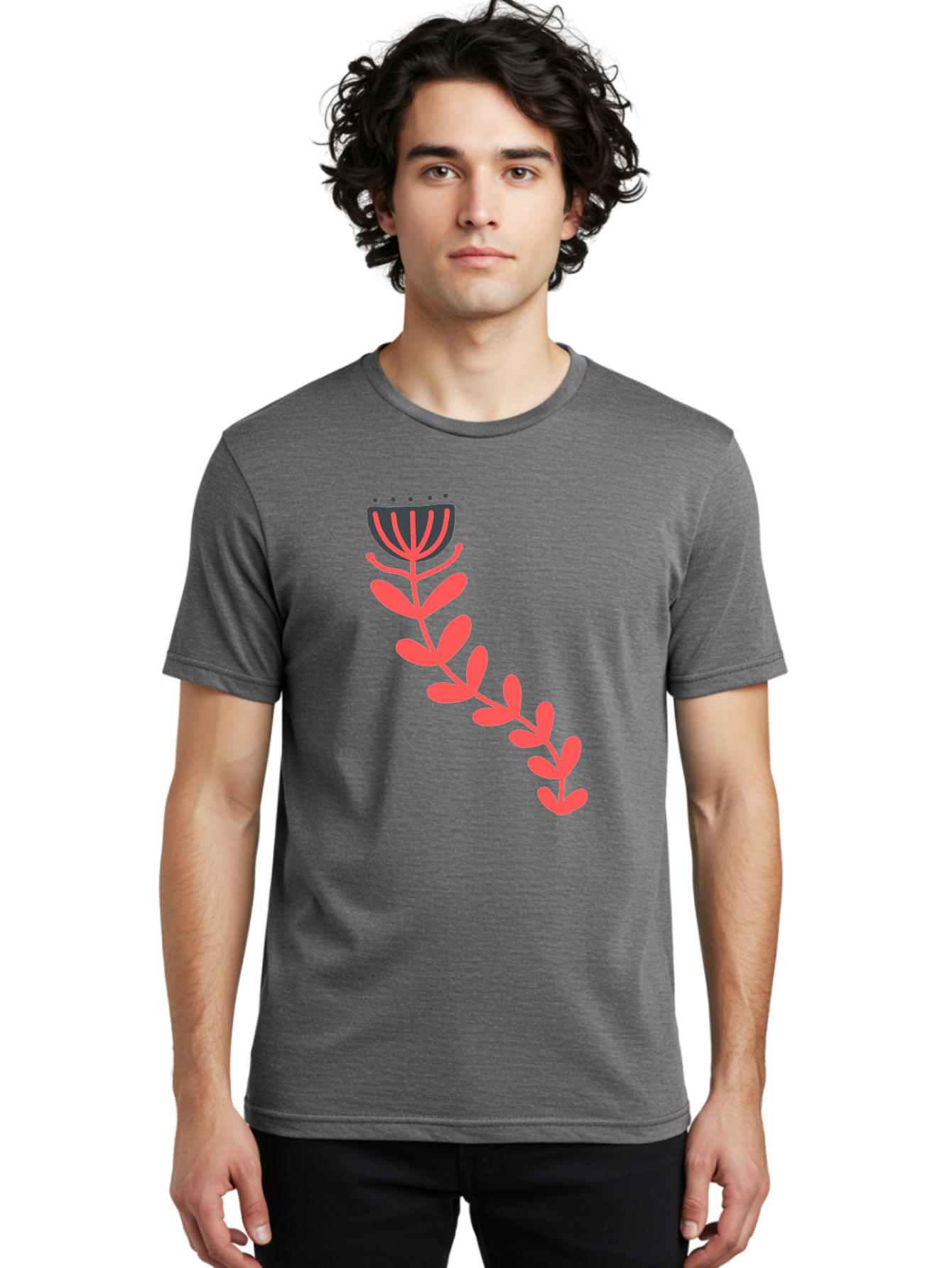 Flower-Illustration Men'S Graphic Tee, 100% Cotton, Comfortable Casual Summer Wear, Machine Washable, Stylized Tulip, Simple Design, Floral Pattern, Minimalist Art, Pink And Black, Leaves And Stem, Graphic Illustration, Modern Art Aab734