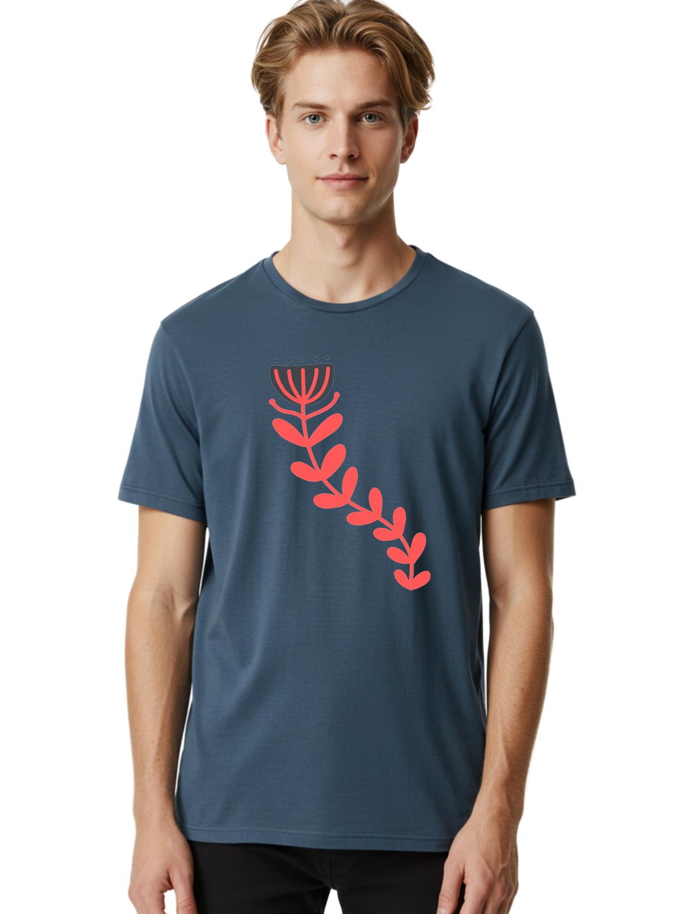 Flower-Illustration Men'S Graphic Tee, 100% Cotton, Comfortable Casual Summer Wear, Machine Washable, Stylized Tulip, Simple Design, Floral Pattern, Minimalist Art, Pink And Black, Leaves And Stem, Graphic Illustration, Modern Art Aab734