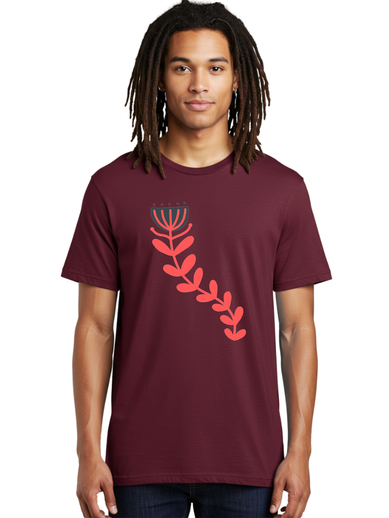 Flower-Illustration Men'S Graphic Tee, 100% Cotton, Comfortable Casual Summer Wear, Machine Washable, Stylized Tulip, Simple Design, Floral Pattern, Minimalist Art, Pink And Black, Leaves And Stem, Graphic Illustration, Modern Art Aab734