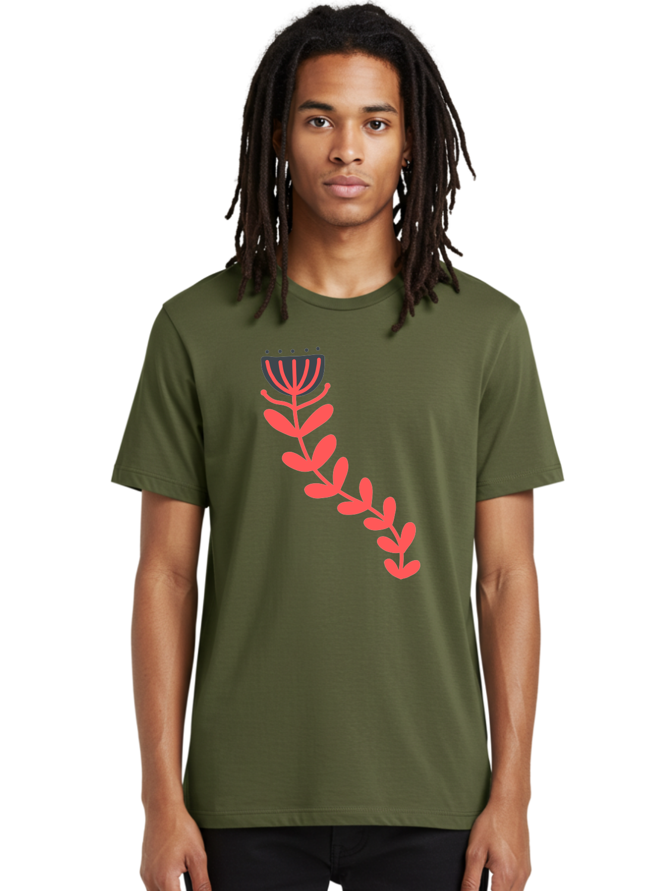 Flower-Illustration Men'S Graphic Tee, 100% Cotton, Comfortable Casual Summer Wear, Machine Washable, Stylized Tulip, Simple Design, Floral Pattern, Minimalist Art, Pink And Black, Leaves And Stem, Graphic Illustration, Modern Art Aab734