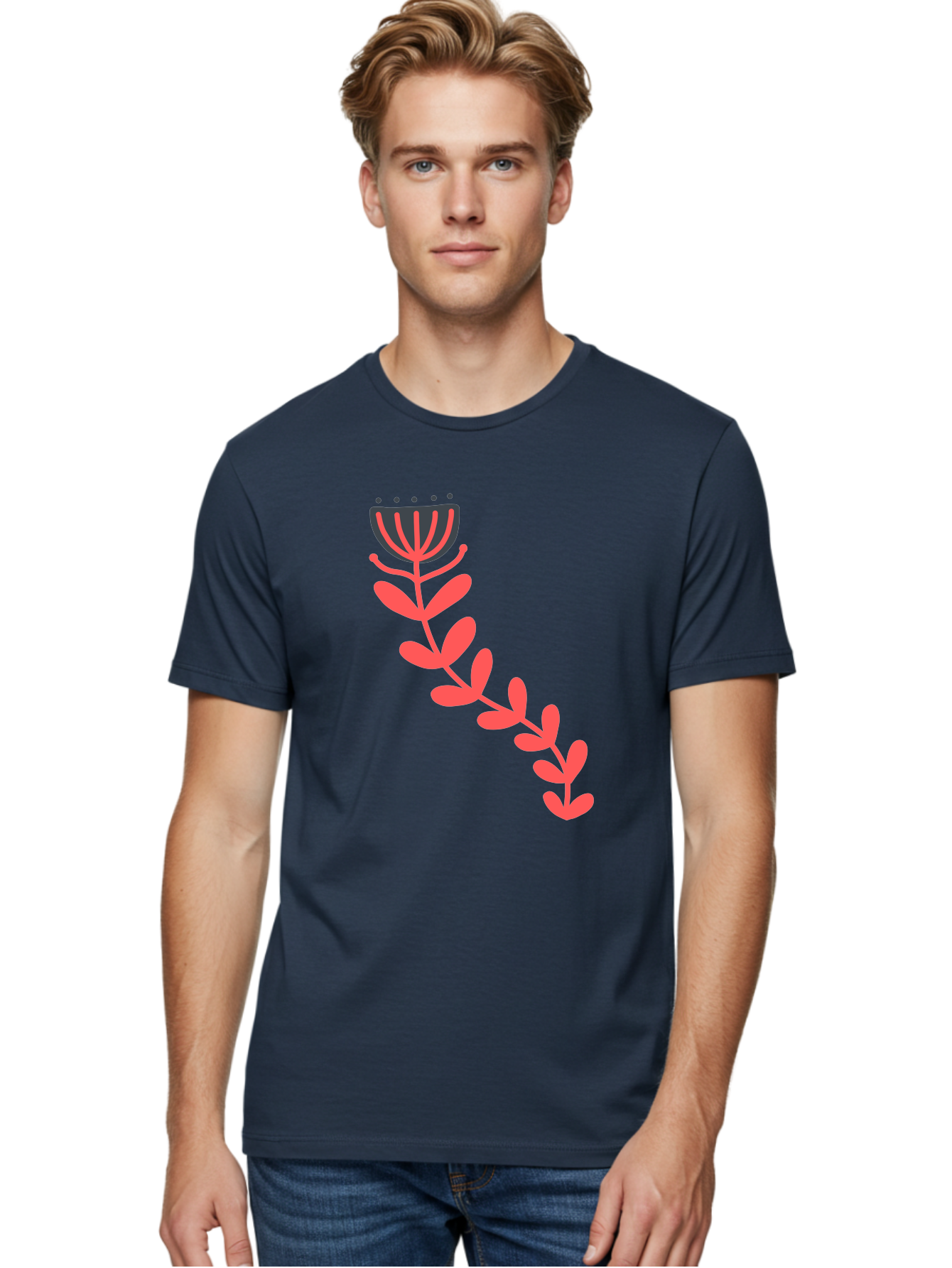 Flower-Illustration Men'S Graphic Tee, 100% Cotton, Comfortable Casual Summer Wear, Machine Washable, Stylized Tulip, Simple Design, Floral Pattern, Minimalist Art, Pink And Black, Leaves And Stem, Graphic Illustration, Modern Art Aab734