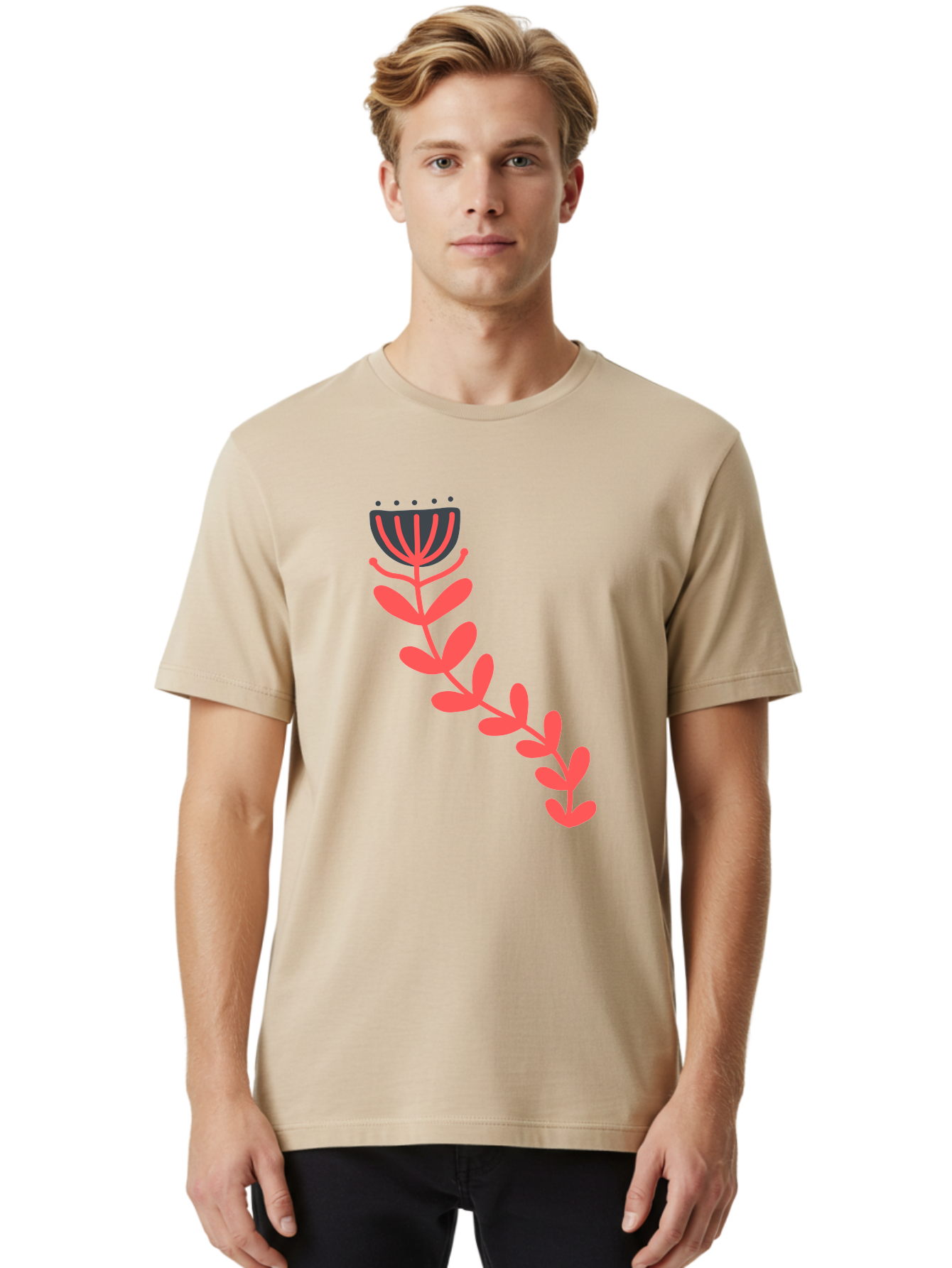 Flower-Illustration Men'S Graphic Tee, 100% Cotton, Comfortable Casual Summer Wear, Machine Washable, Stylized Tulip, Simple Design, Floral Pattern, Minimalist Art, Pink And Black, Leaves And Stem, Graphic Illustration, Modern Art Aab734
