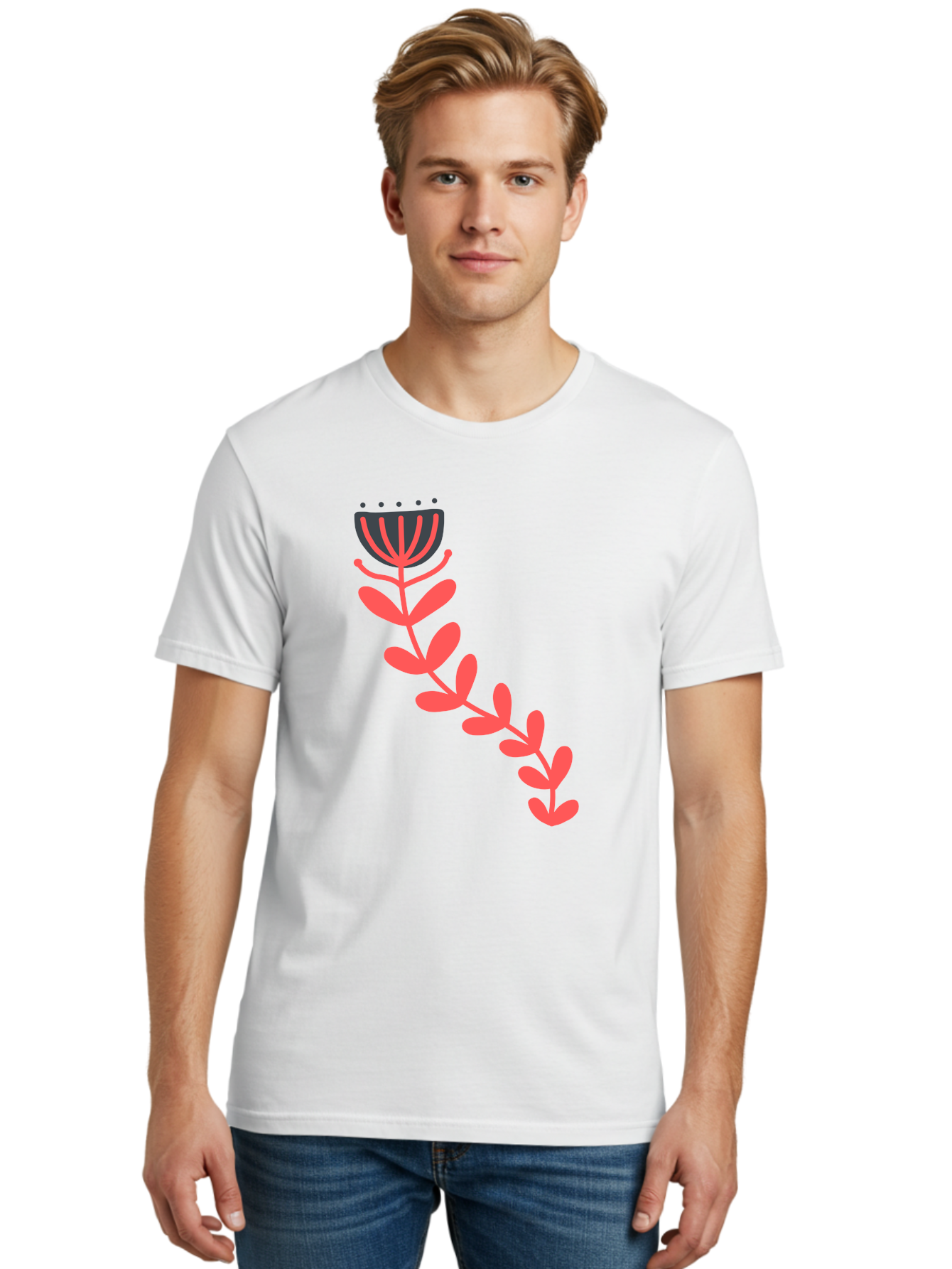 Flower-Illustration Men'S Graphic Tee, 100% Cotton, Comfortable Casual Summer Wear, Machine Washable, Stylized Tulip, Simple Design, Floral Pattern, Minimalist Art, Pink And Black, Leaves And Stem, Graphic Illustration, Modern Art Aab734