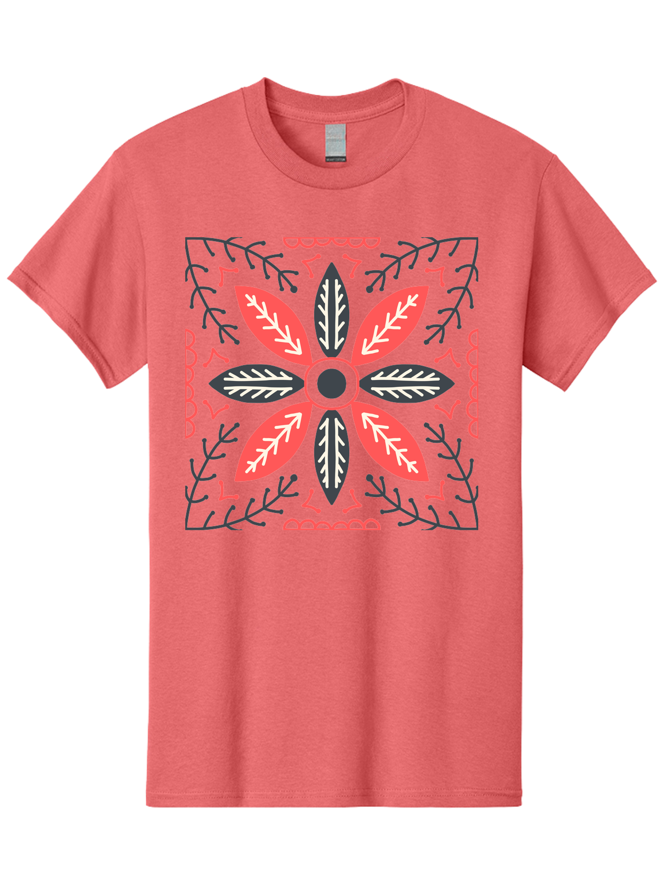Flower-Mandala Men'S Graphic Tee, 100% Cotton, Comfortable Casual Summer Wear, Machine Washable, Symmetrical Floral Design, Colorful Pattern, Red And Black Petals, White Leaf Details, Floral Motif, Decorative Art, Vibrant Colors, Aab735