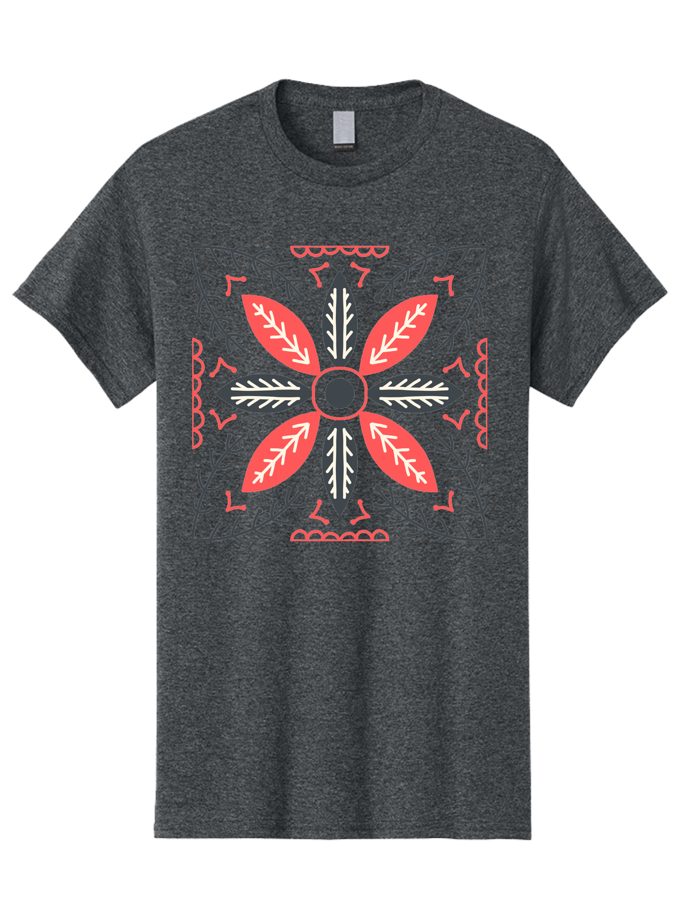 Flower-Mandala Men'S Graphic Tee, 100% Cotton, Comfortable Casual Summer Wear, Machine Washable, Symmetrical Floral Design, Colorful Pattern, Red And Black Petals, White Leaf Details, Floral Motif, Decorative Art, Vibrant Colors, Aab735