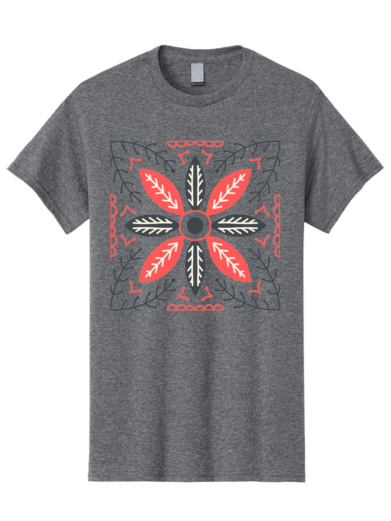 Flower-Mandala Men'S Graphic Tee, 100% Cotton, Comfortable Casual Summer Wear, Machine Washable, Symmetrical Floral Design, Colorful Pattern, Red And Black Petals, White Leaf Details, Floral Motif, Decorative Art, Vibrant Colors, Aab735
