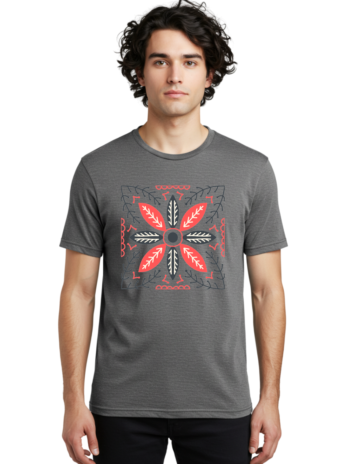 Flower-Mandala Men'S Graphic Tee, 100% Cotton, Comfortable Casual Summer Wear, Machine Washable, Symmetrical Floral Design, Colorful Pattern, Red And Black Petals, White Leaf Details, Floral Motif, Decorative Art, Vibrant Colors, Aab735