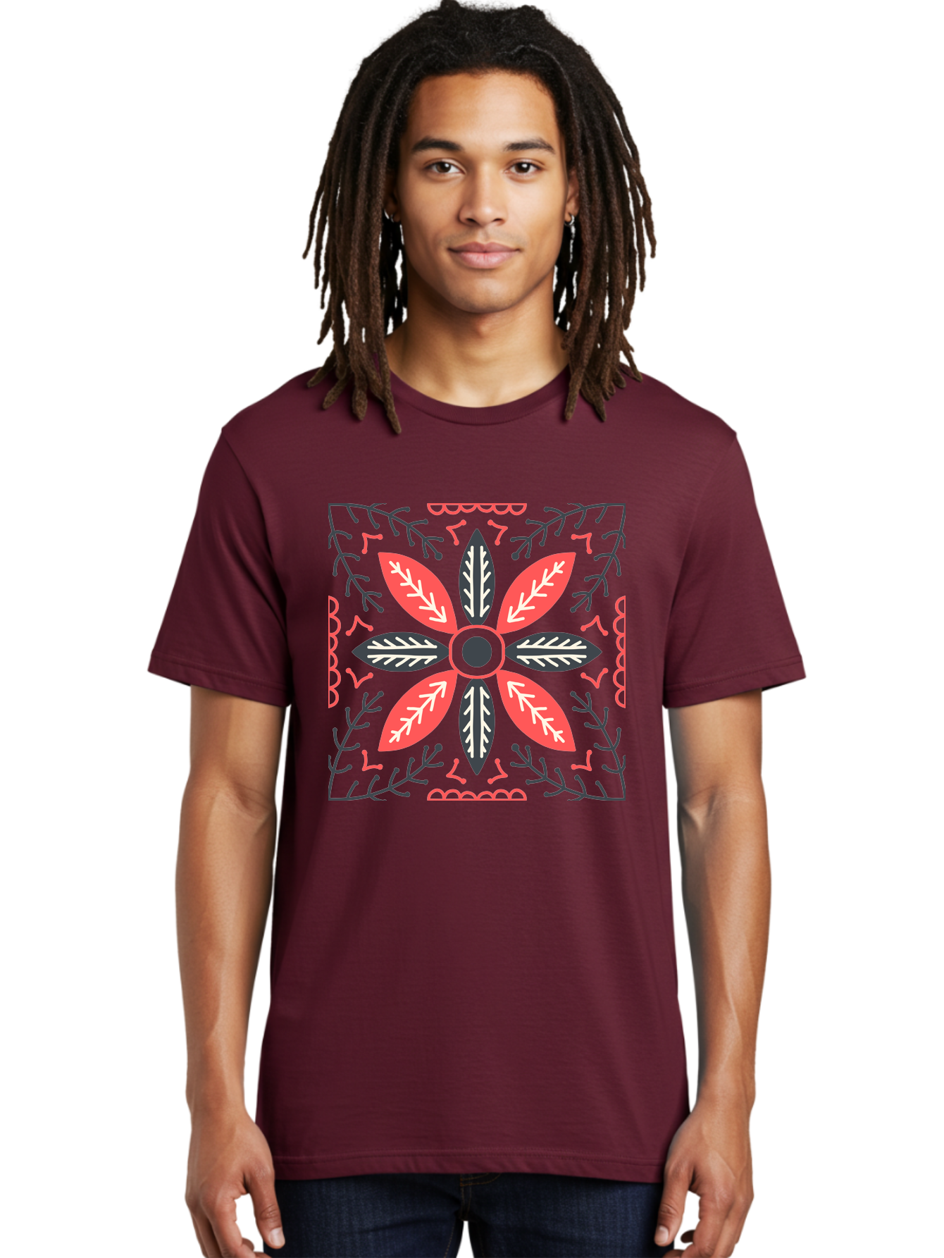 Flower-Mandala Men'S Graphic Tee, 100% Cotton, Comfortable Casual Summer Wear, Machine Washable, Symmetrical Floral Design, Colorful Pattern, Red And Black Petals, White Leaf Details, Floral Motif, Decorative Art, Vibrant Colors, Aab735