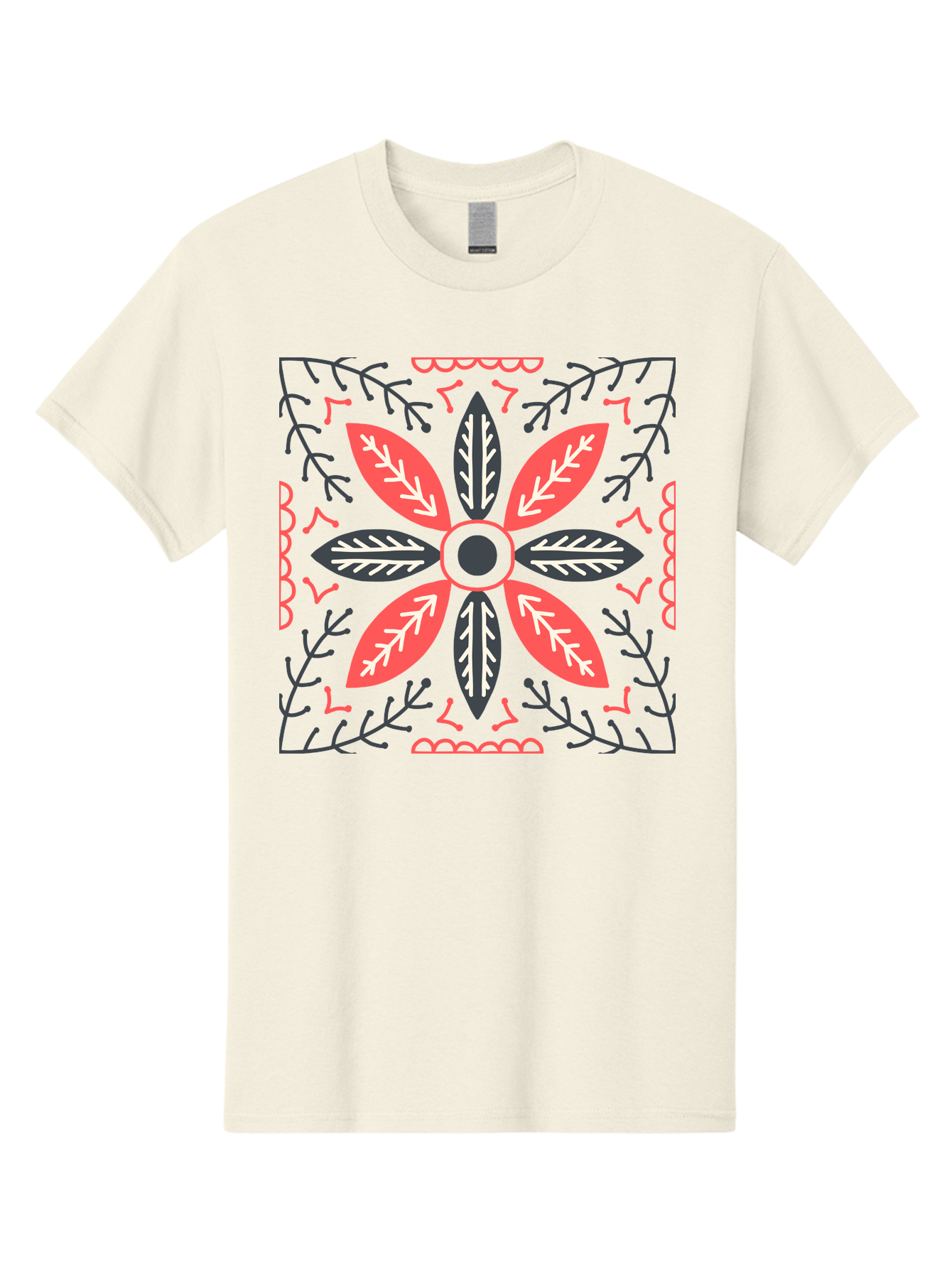 Flower-Mandala Men'S Graphic Tee, 100% Cotton, Comfortable Casual Summer Wear, Machine Washable, Symmetrical Floral Design, Colorful Pattern, Red And Black Petals, White Leaf Details, Floral Motif, Decorative Art, Vibrant Colors, Aab735