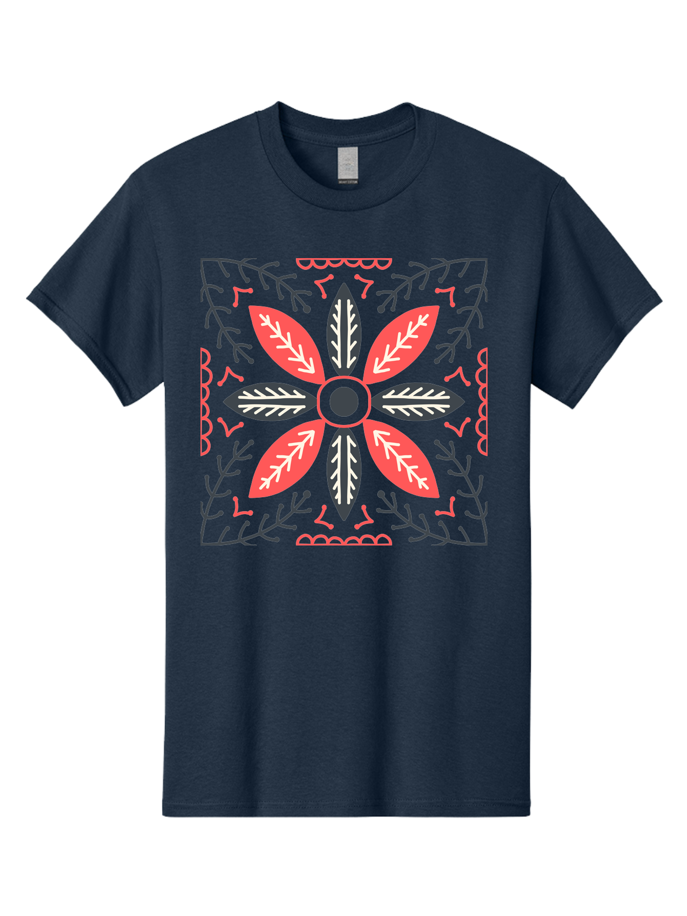 Flower-Mandala Men'S Graphic Tee, 100% Cotton, Comfortable Casual Summer Wear, Machine Washable, Symmetrical Floral Design, Colorful Pattern, Red And Black Petals, White Leaf Details, Floral Motif, Decorative Art, Vibrant Colors, Aab735