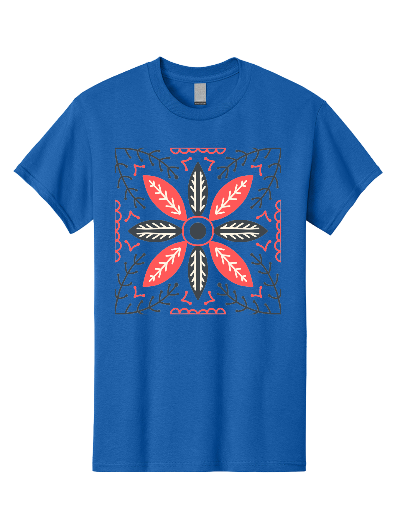 Flower-Mandala Men'S Graphic Tee, 100% Cotton, Comfortable Casual Summer Wear, Machine Washable, Symmetrical Floral Design, Colorful Pattern, Red And Black Petals, White Leaf Details, Floral Motif, Decorative Art, Vibrant Colors, Aab735