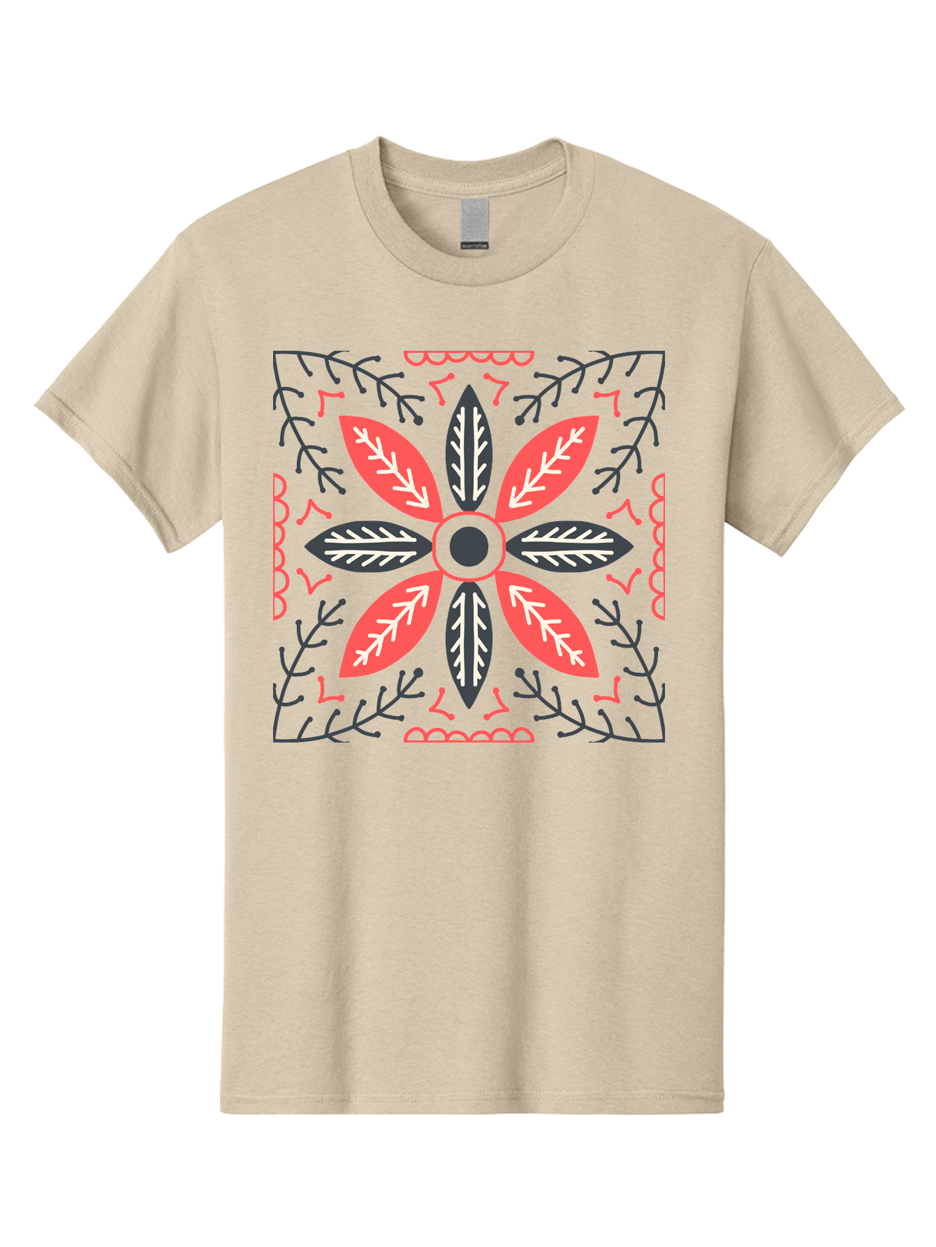 Flower-Mandala Men'S Graphic Tee, 100% Cotton, Comfortable Casual Summer Wear, Machine Washable, Symmetrical Floral Design, Colorful Pattern, Red And Black Petals, White Leaf Details, Floral Motif, Decorative Art, Vibrant Colors, Aab735
