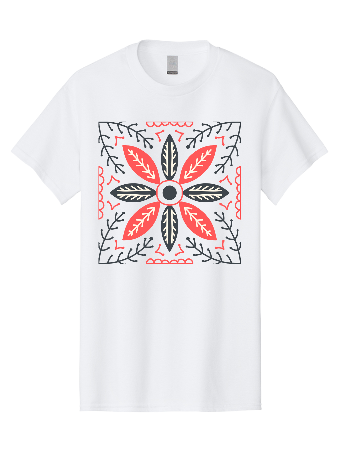 Flower-Mandala Men'S Graphic Tee, 100% Cotton, Comfortable Casual Summer Wear, Machine Washable, Symmetrical Floral Design, Colorful Pattern, Red And Black Petals, White Leaf Details, Floral Motif, Decorative Art, Vibrant Colors, Aab735