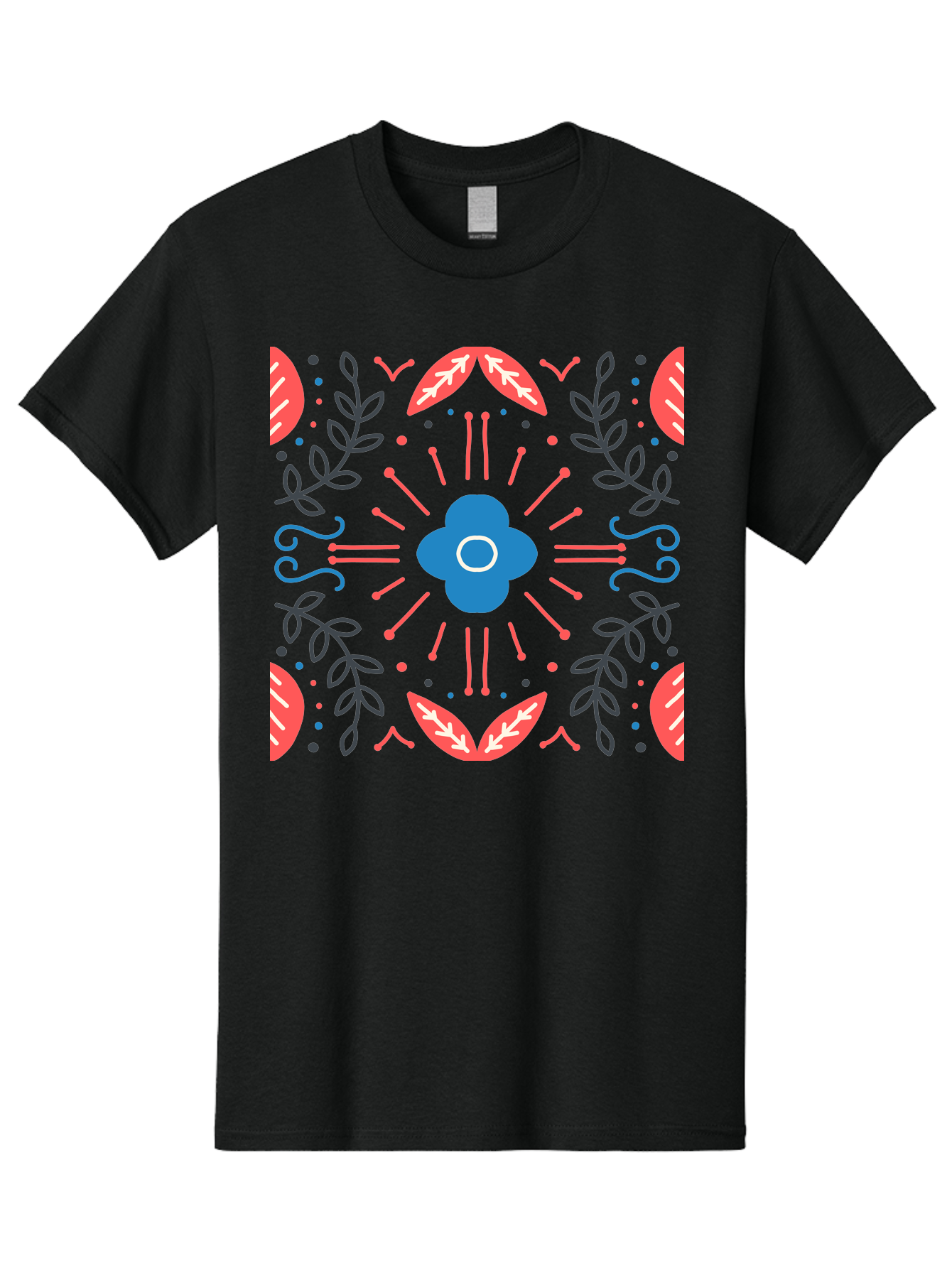 Flower-Pattern-1 Men'S Graphic Tee, 100% Cotton, Comfortable Casual Summer Wear, Machine Washable, Floral Pattern, Symmetrical Design, Vibrant Colors, Blue Flower, Red Leaves, Green Stems, Abstract Art, Geometric Shapes, Decorative Elements, Aab736